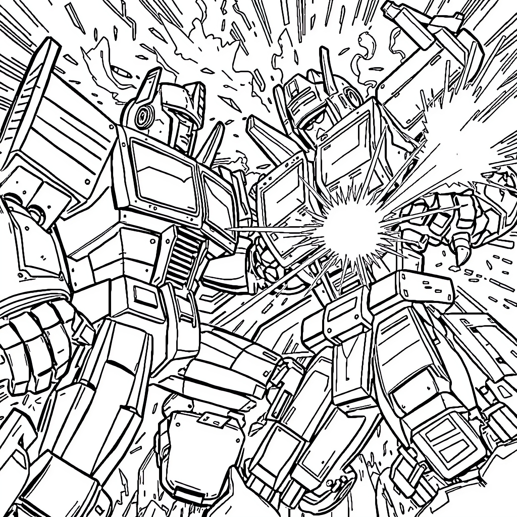 Optimus Prime's epic battle against adversaries Coloring Page (free black-and-white line drawing printable PDF for all, from beginners to advanced learners, including children, teens, adults, and seniors)