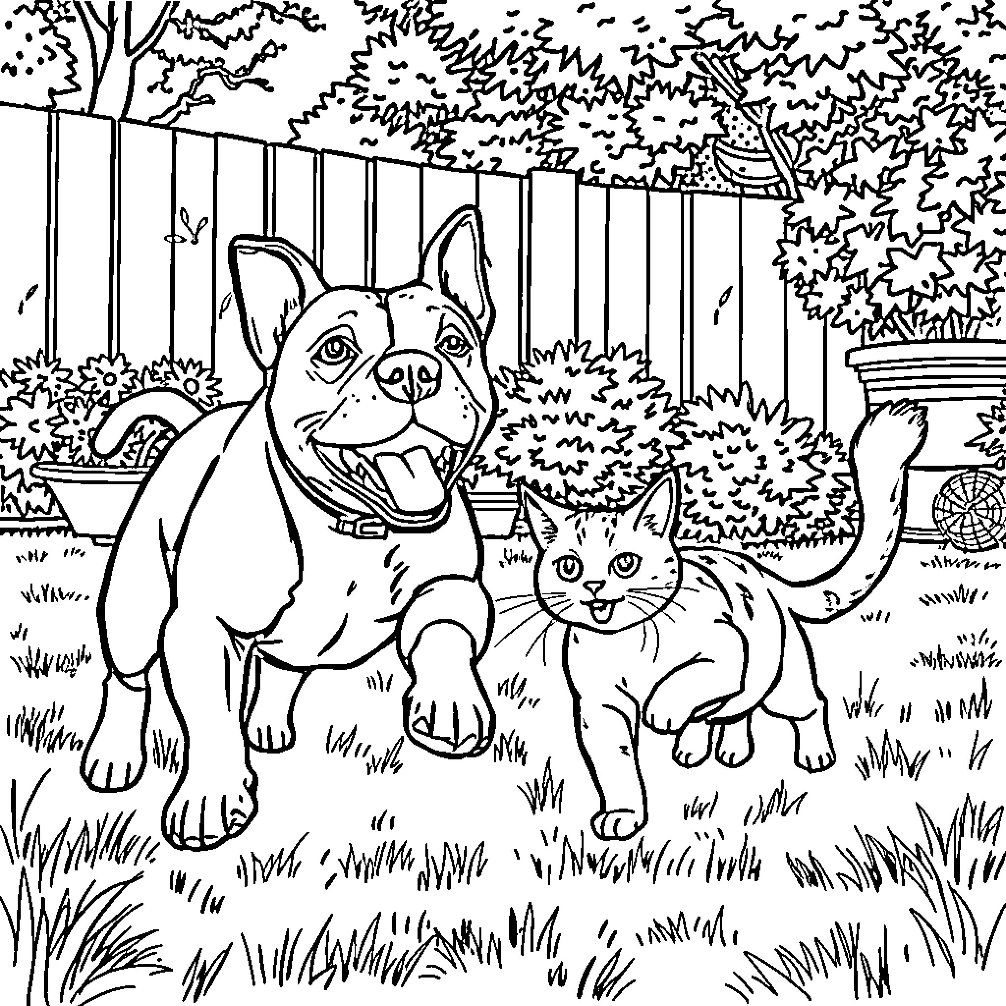 Pitbull and Feline Friends Explore the Yard Coloring Page (free black-and-white line drawing printable PDF for all, from beginners to advanced learners, including children, teens, adults, and seniors)