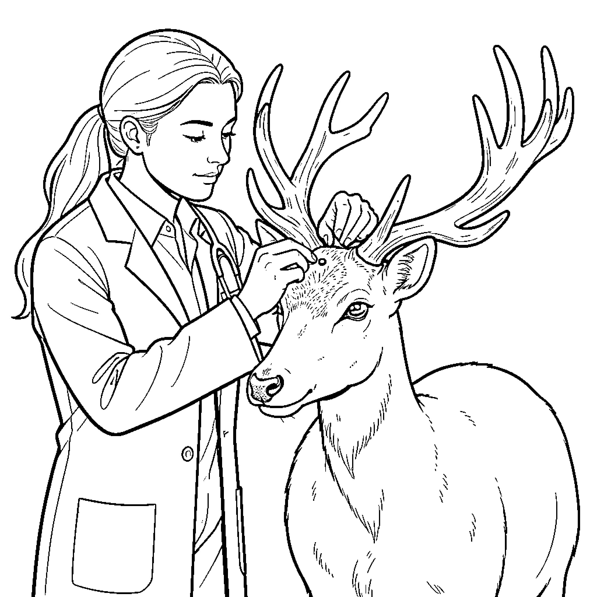 Deer being examined by a veterinarian Coloring Page (free black-and-white line drawing printable PDF for all, from beginners to advanced learners, including children, teens, adults, and seniors)
