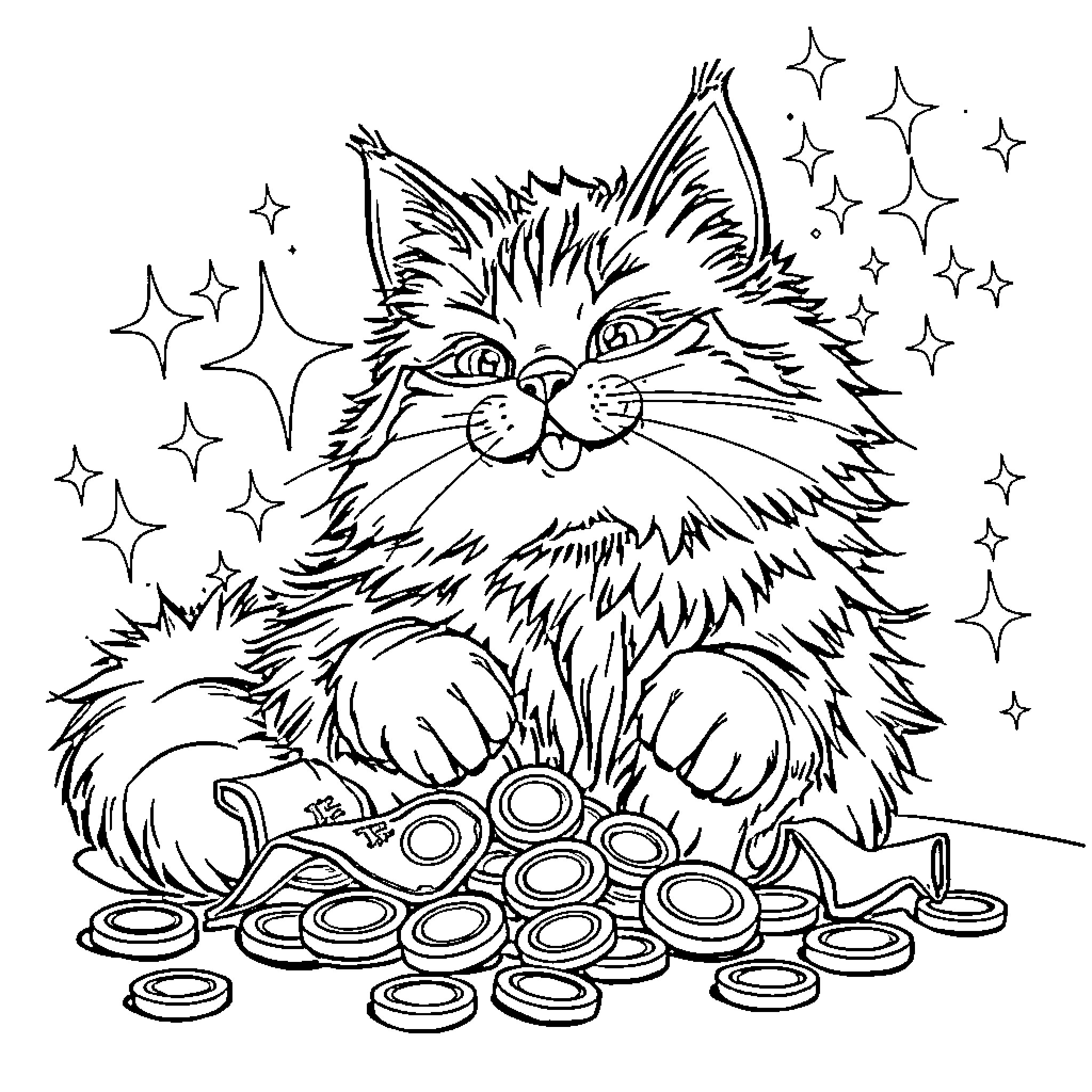 Cat Playing Joyfully with Coins and Stars Coloring Page (free black-and-white line drawing printable PDF for all, from beginners to advanced learners, including children, teens, adults, and seniors)