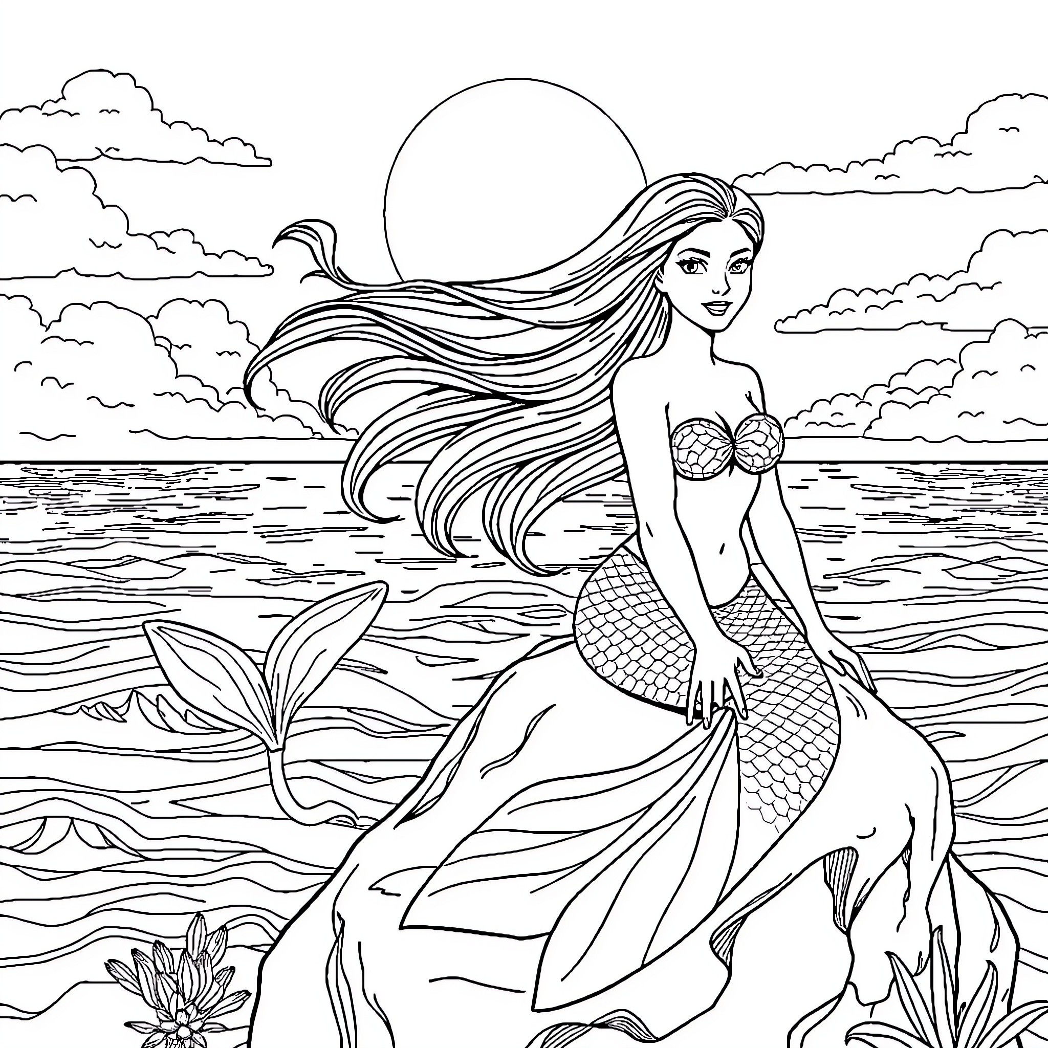 Mermaid posing gracefully in the ocean Coloring Page (free black-and-white line drawing printable PDF for all, from beginners to advanced learners, including children, teens, adults, and seniors)