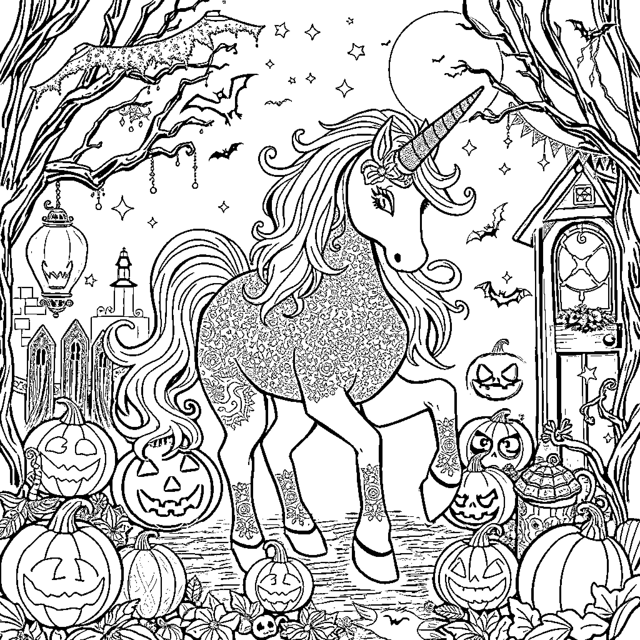 Unicorn celebrating a spooky Halloween night Coloring Page (free black-and-white line drawing printable PDF for all, from beginners to advanced learners, including children, teens, adults, and seniors)