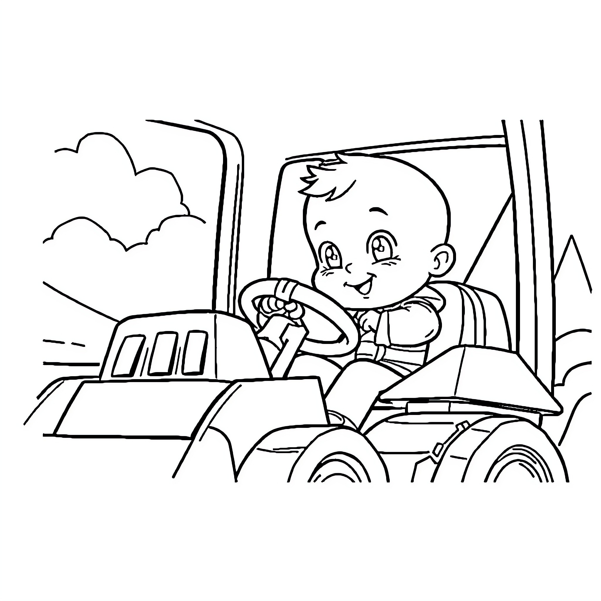 Boss Baby Driving a Tractor on the Farm Coloring Page (free black-and-white line drawing printable PDF for all, from beginners to advanced learners, including children, teens, adults, and seniors)
