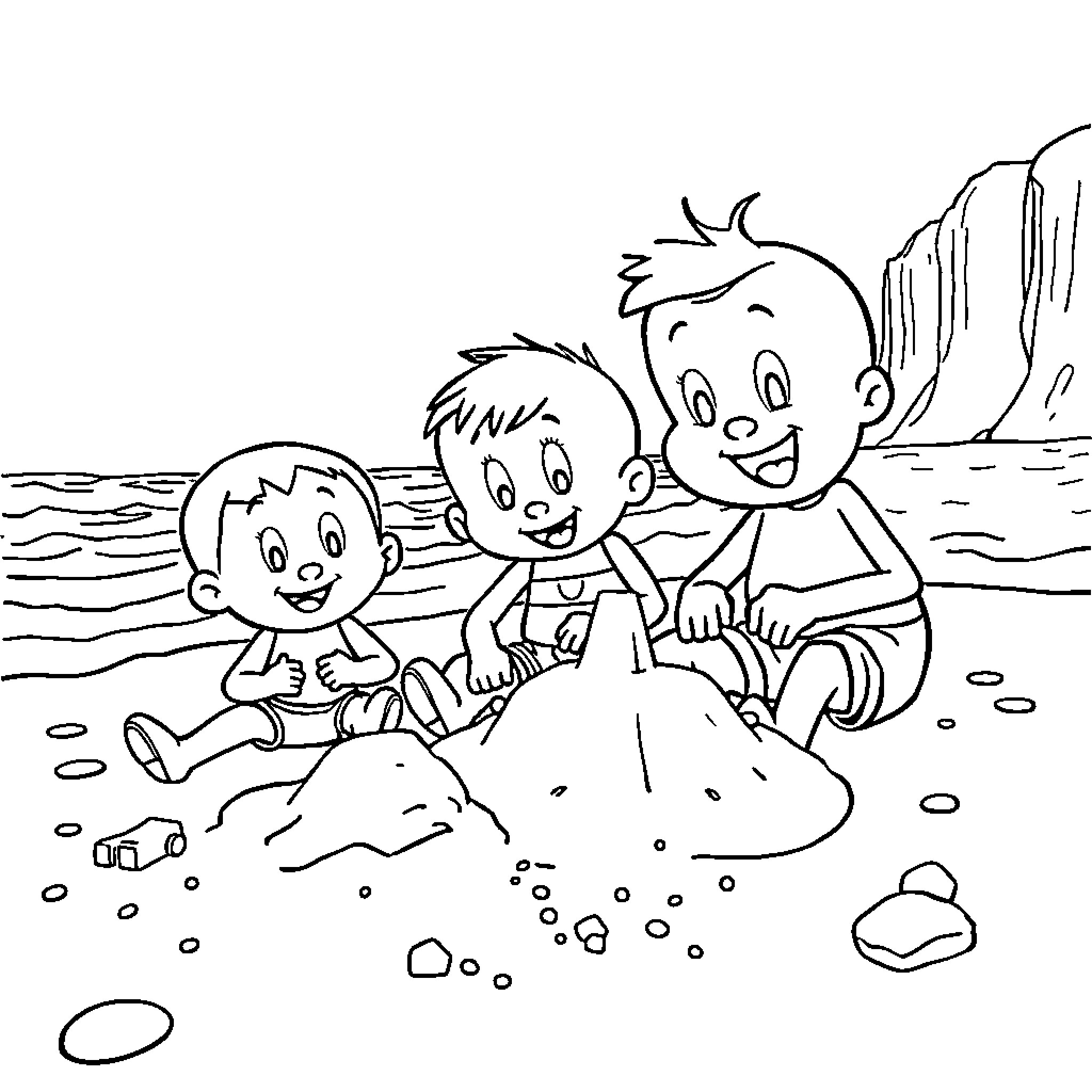 Ed, Edd n Eddy playing joyfully on the beach Coloring Page (free black-and-white line drawing printable PDF for all, from beginners to advanced learners, including children, teens, adults, and seniors)