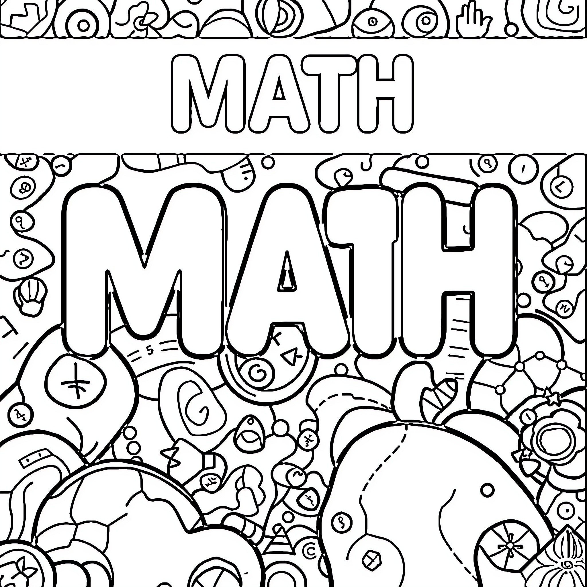 Math Worksheets with Playful Doodles Coloring Page (free black-and-white line drawing printable PDF for all, from beginners to advanced learners, including children, teens, adults, and seniors)