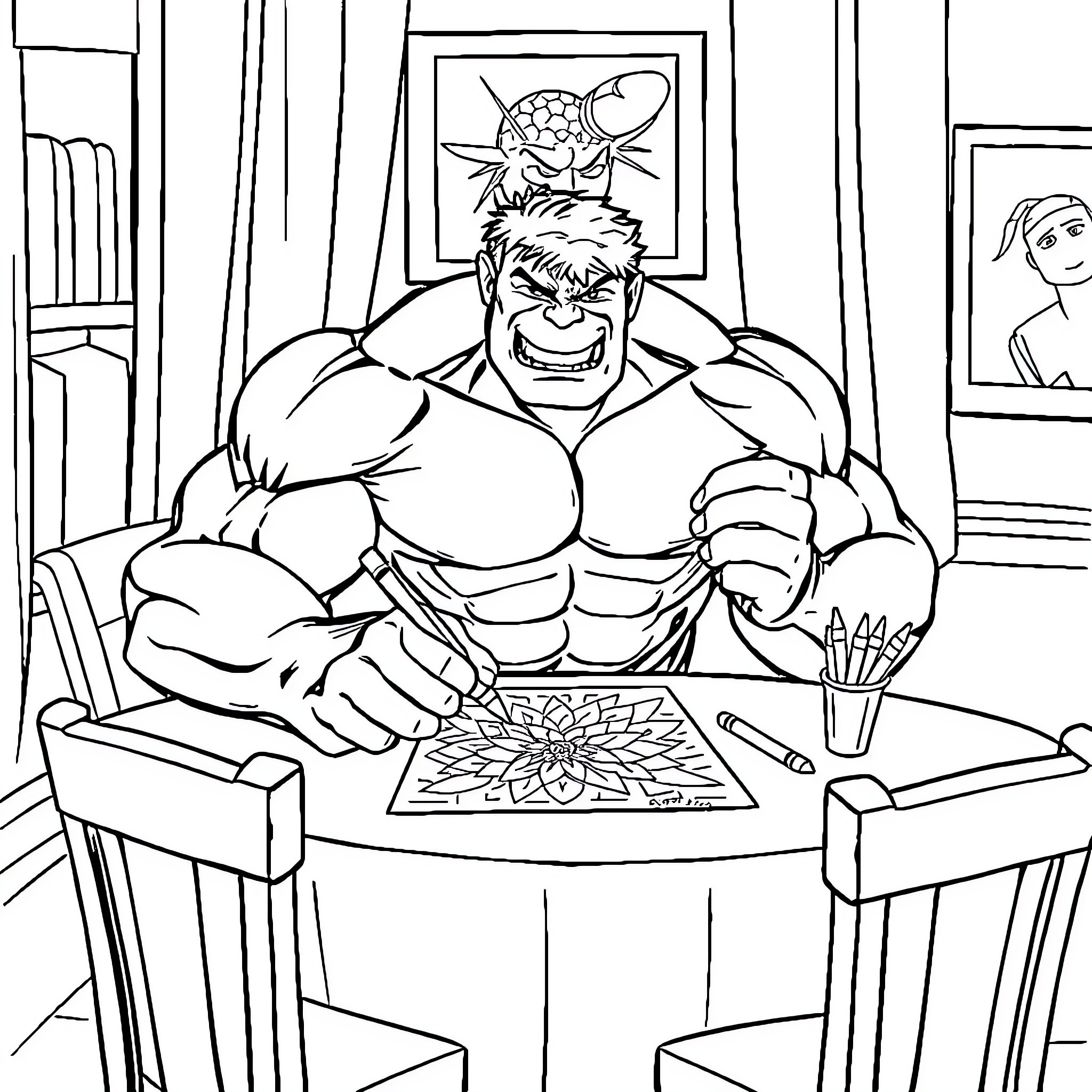 Hulk Angry While Drawing Intricate Patterns Coloring Page (free black-and-white line drawing printable PDF for all, from beginners to advanced learners, including children, teens, adults, and seniors)