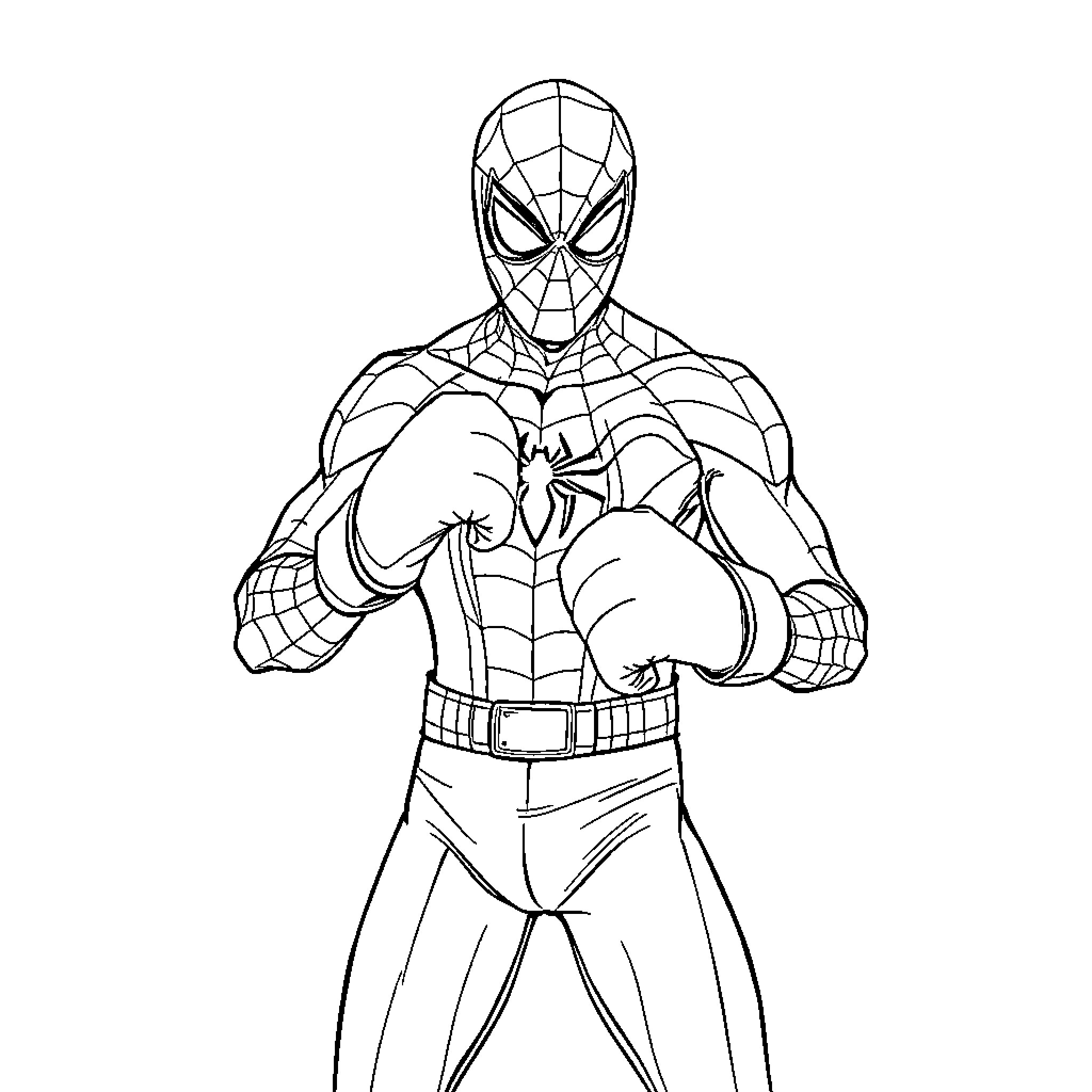 Spiderman in heroic fighting stance Coloring Page (free black-and-white line drawing printable PDF for all, from beginners to advanced learners, including children, teens, adults, and seniors)