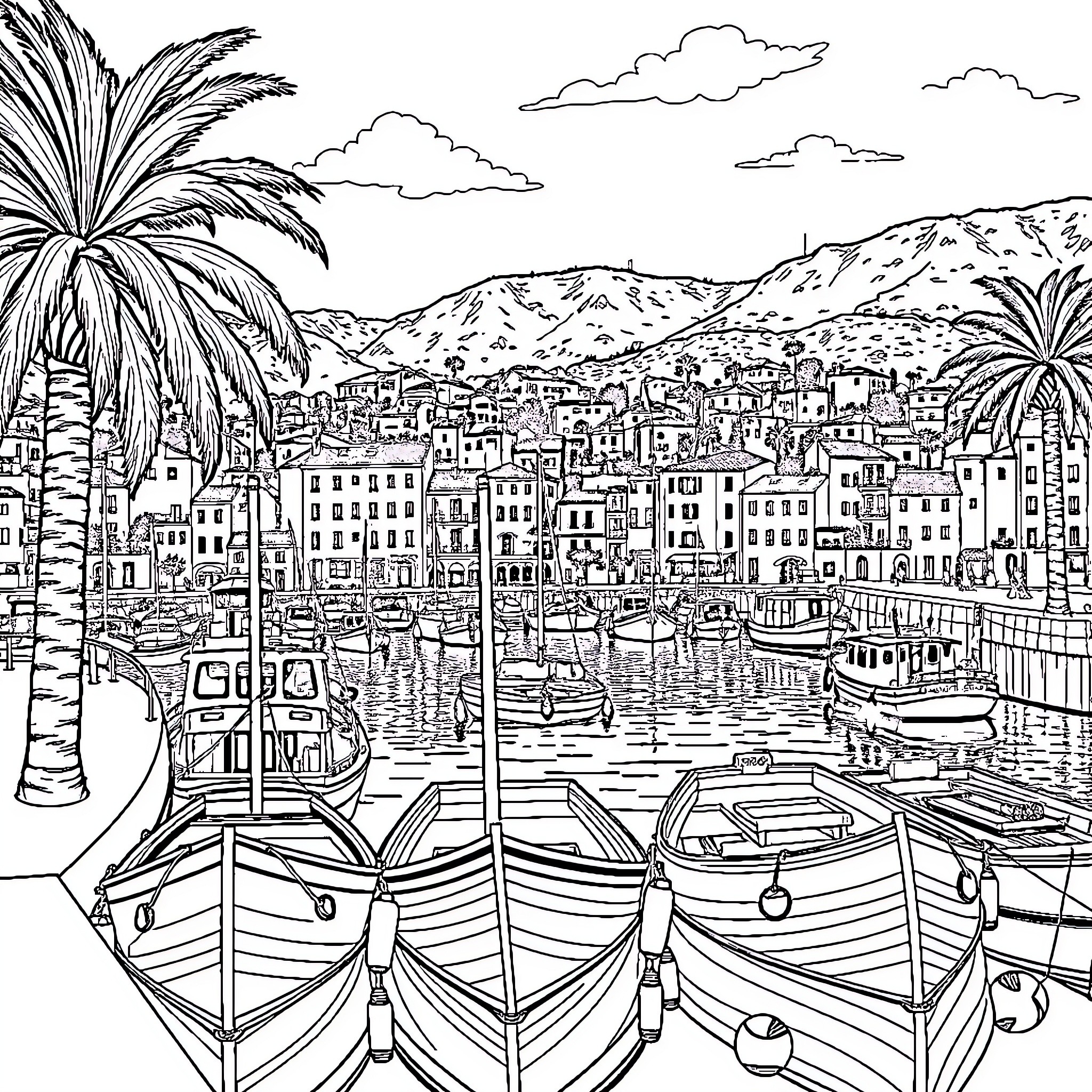 Port with Boats and Cityscape Coloring Page (free black-and-white line drawing printable PDF for all, from beginners to advanced learners, including children, teens, adults, and seniors)