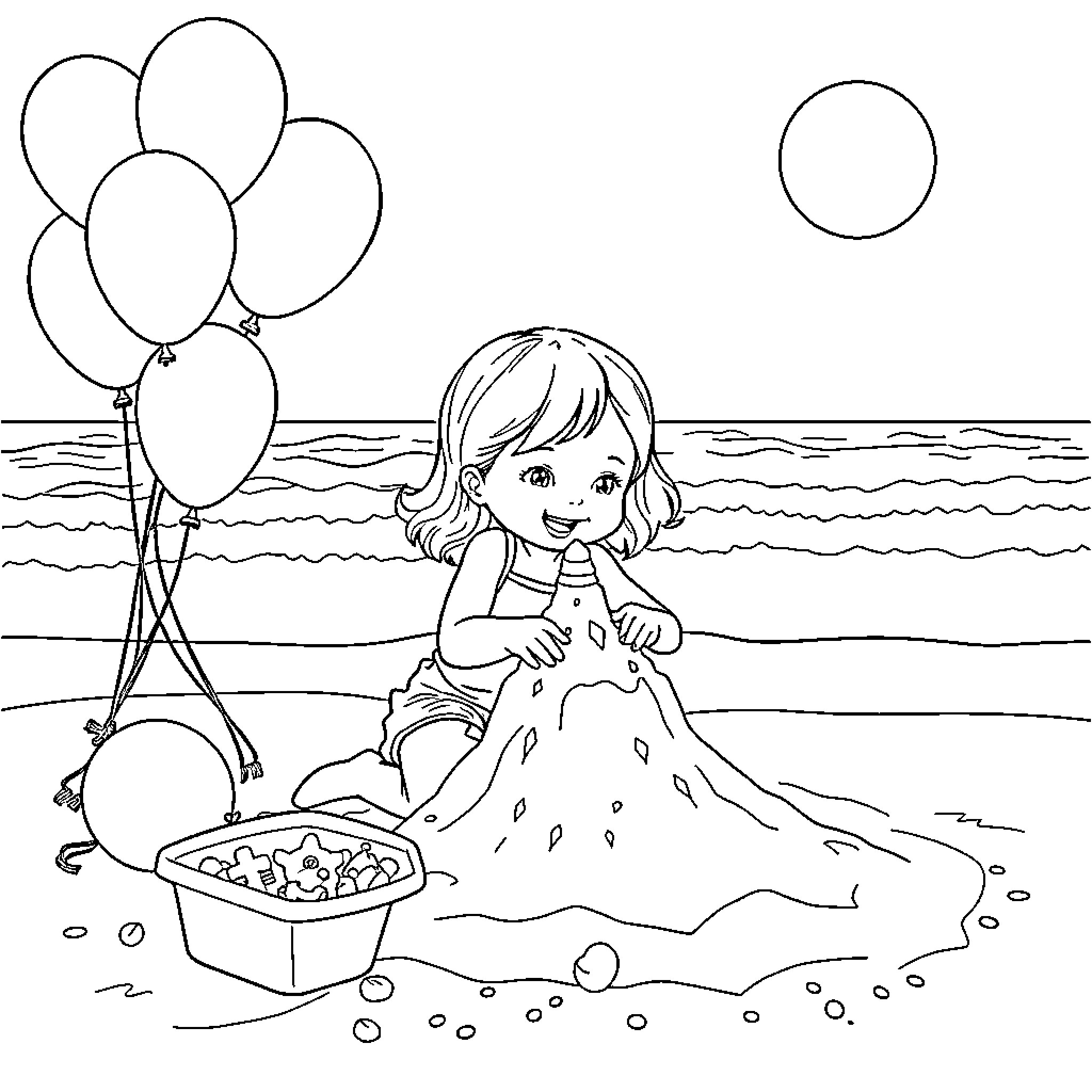 Girl playing with balloons on the beach Coloring Page (free black-and-white line drawing printable PDF for all, from beginners to advanced learners, including children, teens, adults, and seniors)