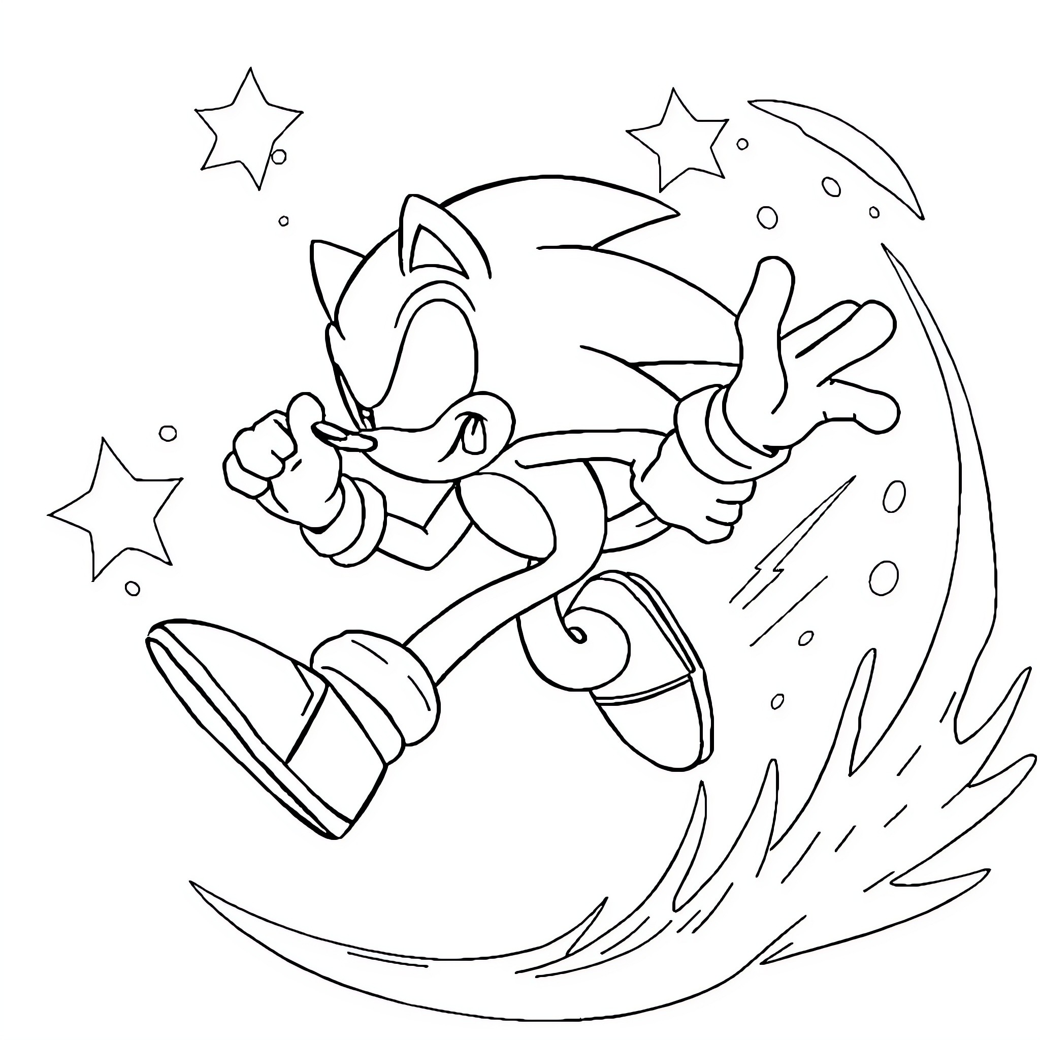 Sonic racing through a starry night sky Coloring Page (free black-and-white line drawing printable PDF for all, from beginners to advanced learners, including children, teens, adults, and seniors)