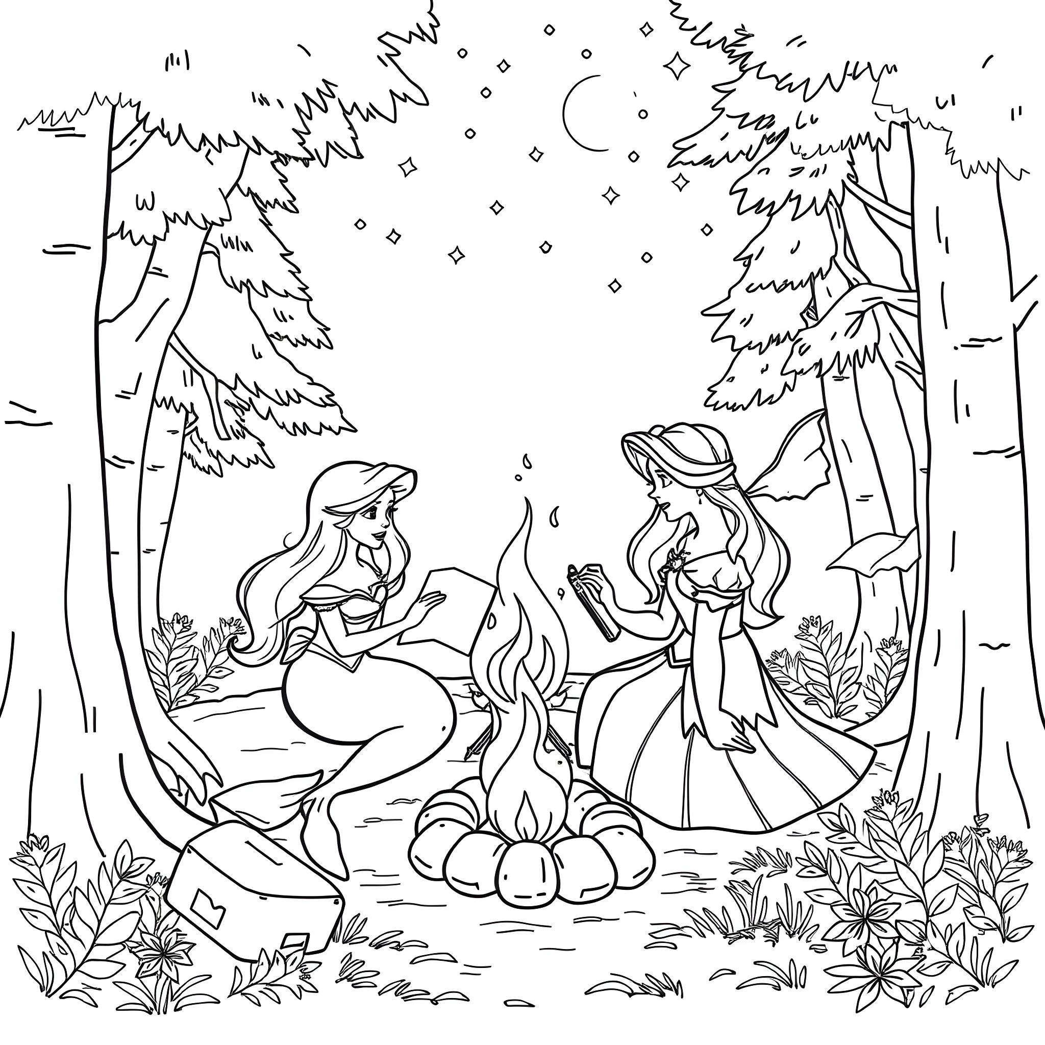 Mermaids enjoying a campfire in the forest Coloring Page (free black-and-white line drawing printable PDF for all, from beginners to advanced learners, including children, teens, adults, and seniors)