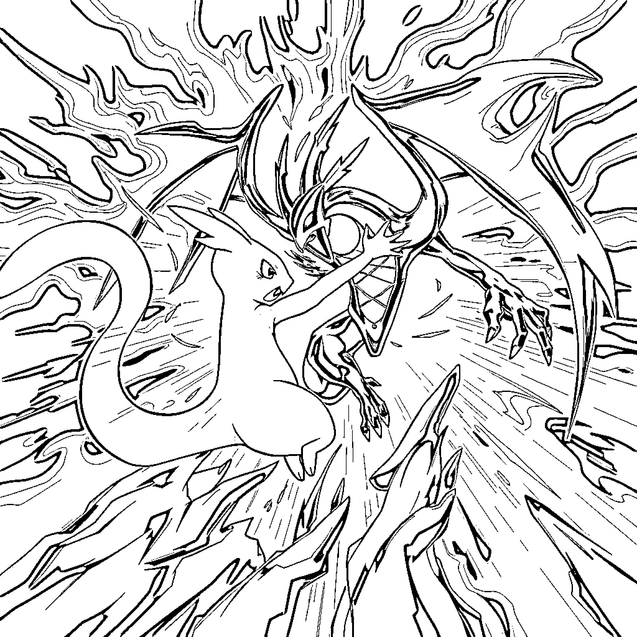Mewtwo's Powerful Psychic Burst Coloring Page (free black-and-white line drawing printable PDF for all, from beginners to advanced learners, including children, teens, adults, and seniors)