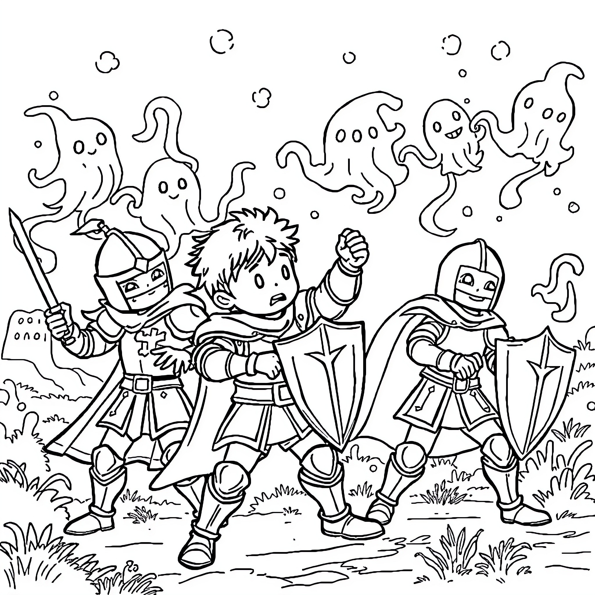 Knight battles ghostly creatures in enchanted forest Coloring Page (free black-and-white line drawing printable PDF for all, from beginners to advanced learners, including children, teens, adults, and seniors)