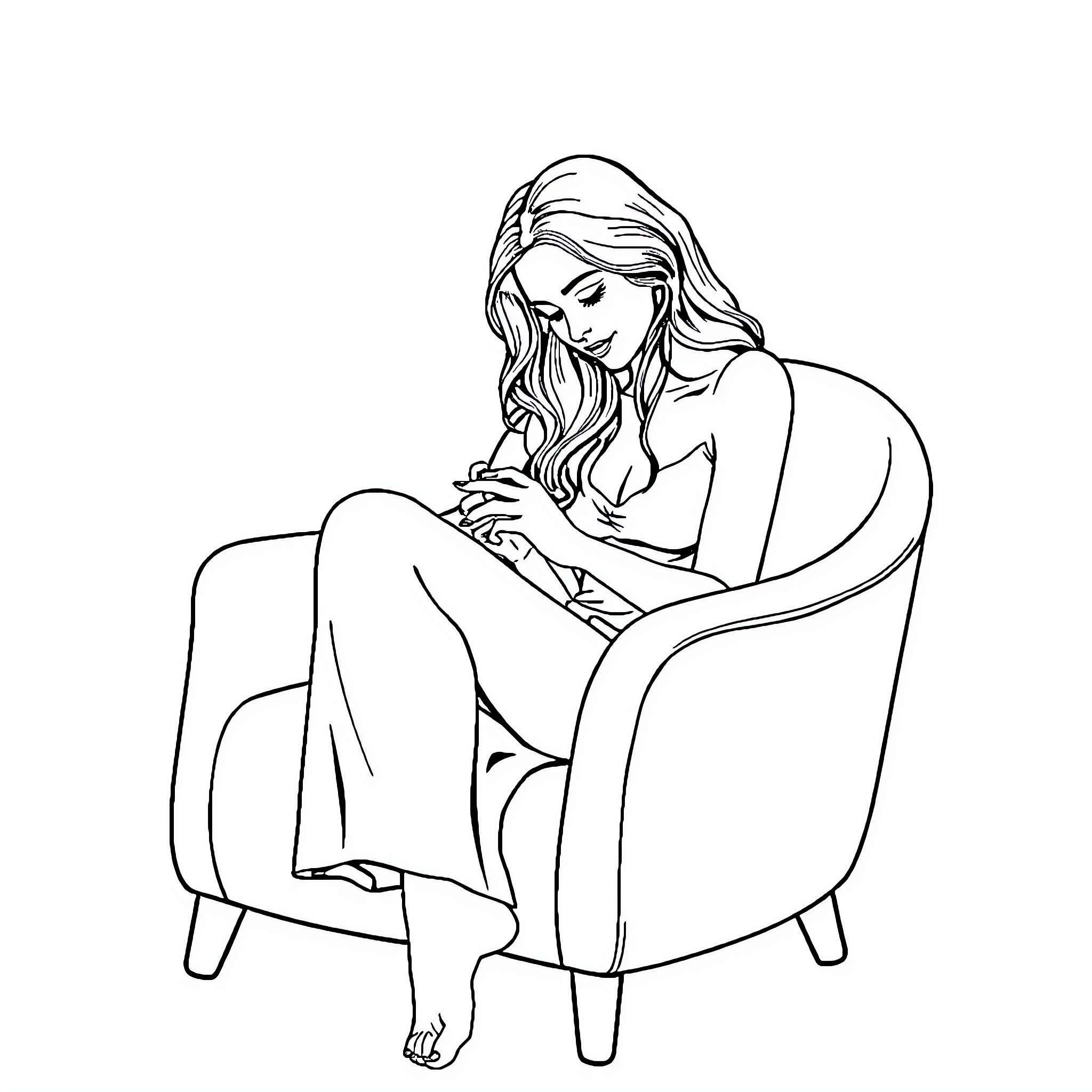 Woman sitting pensively in an armchair Coloring Page (free black-and-white line drawing printable PDF for all, from beginners to advanced learners, including children, teens, adults, and seniors)