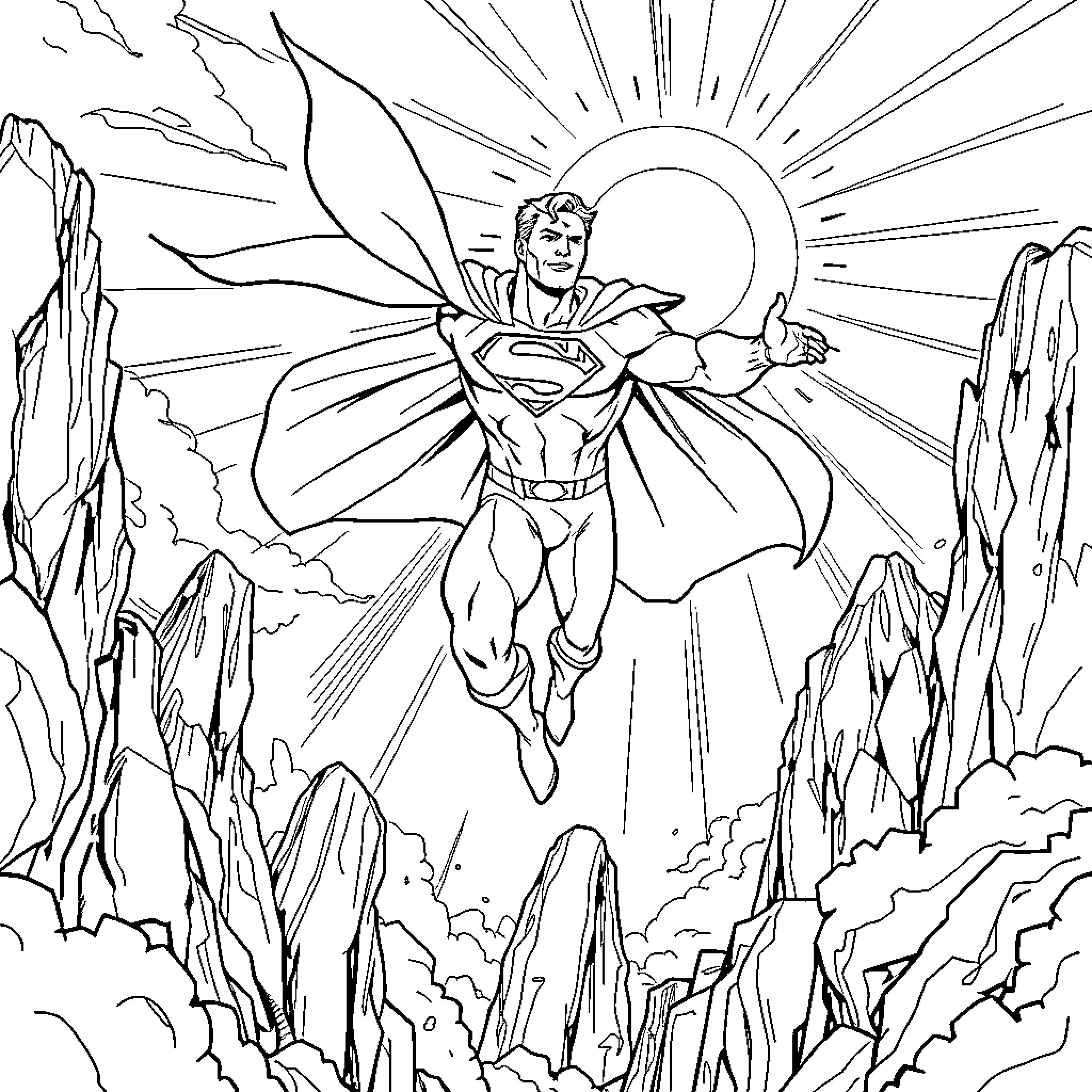 Superman soaring heroically through the sky Coloring Page (free black-and-white line drawing printable PDF for all, from beginners to advanced learners, including children, teens, adults, and seniors)
