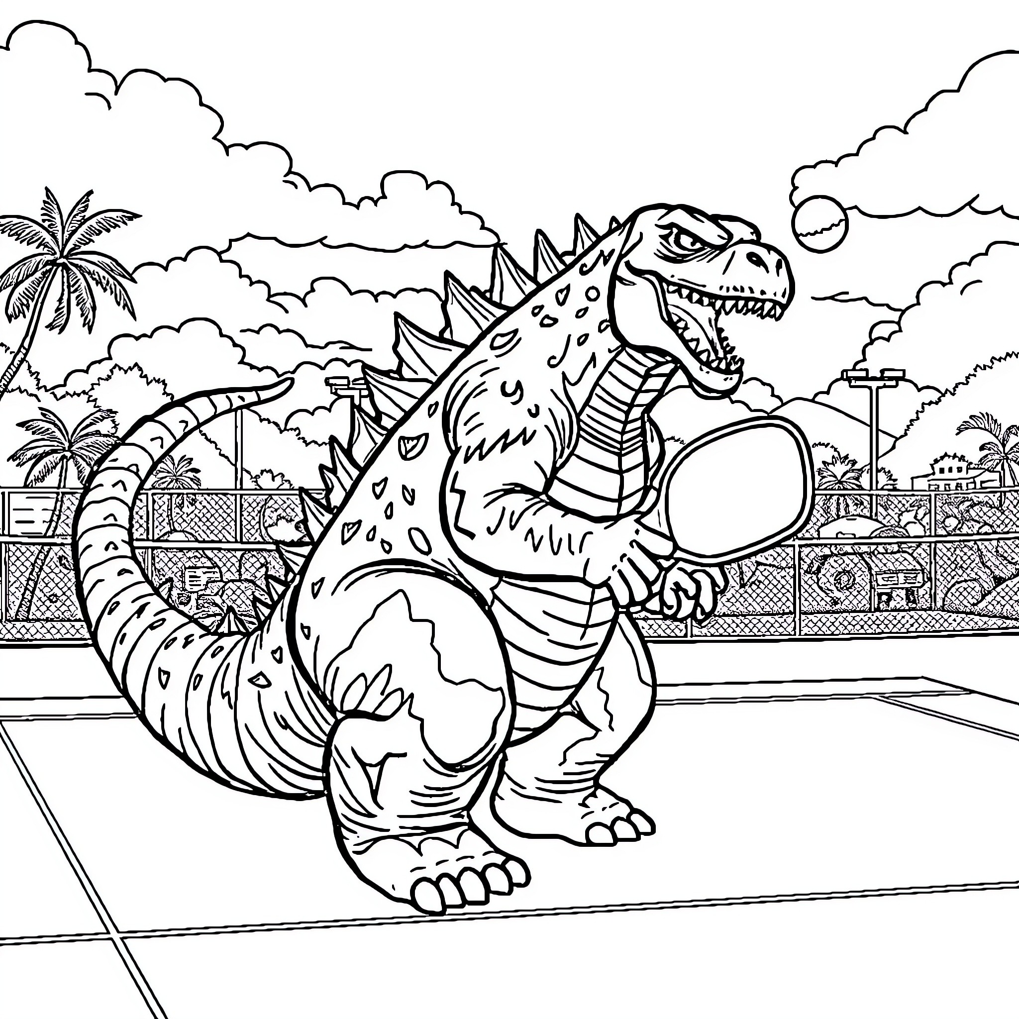 Godzilla rampaging through a city landscape Coloring Page (free black-and-white line drawing printable PDF for all, from beginners to advanced learners, including children, teens, adults, and seniors)