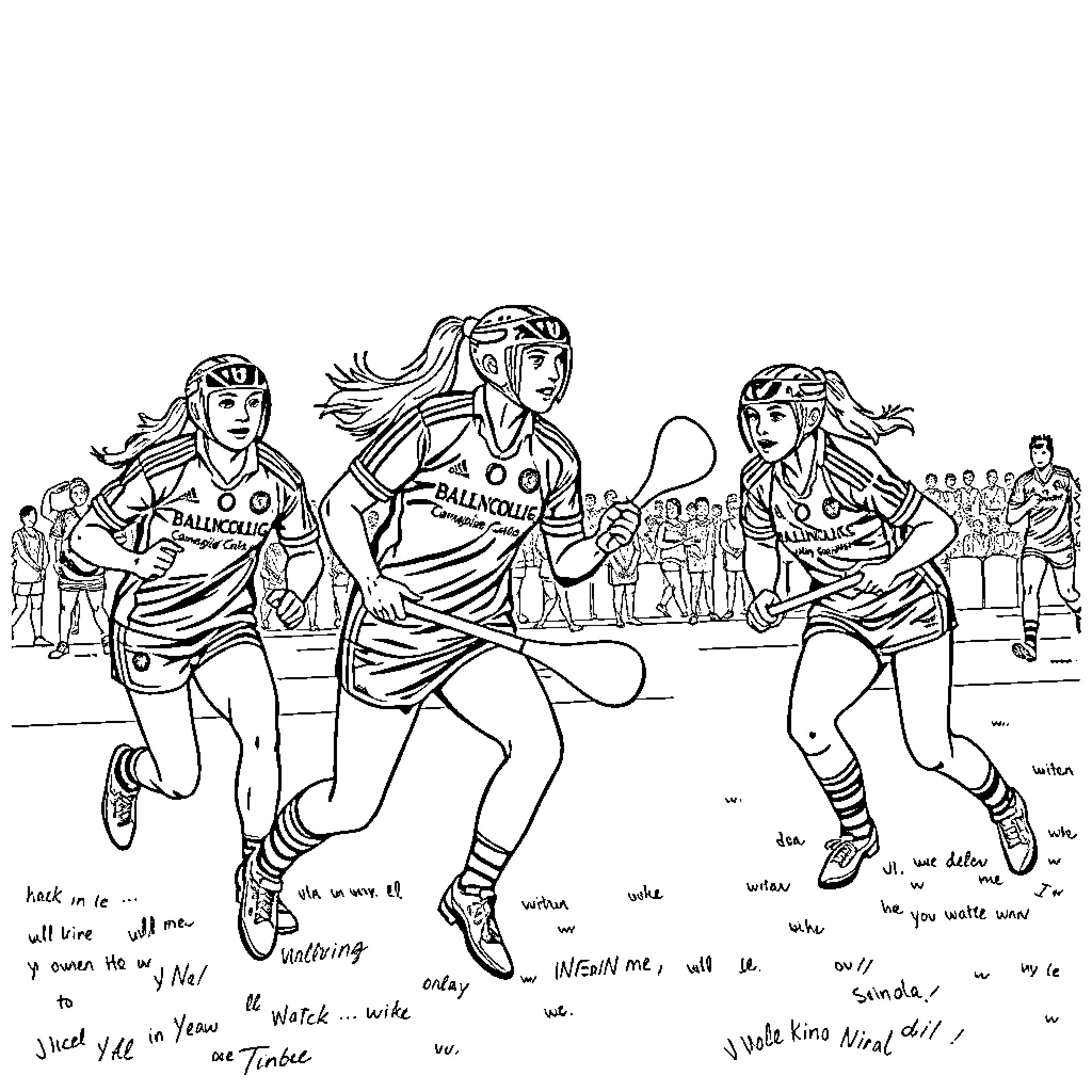 Camogie players in action during a match Coloring Page (free black-and-white line drawing printable PDF for all, from beginners to advanced learners, including children, teens, adults, and seniors)