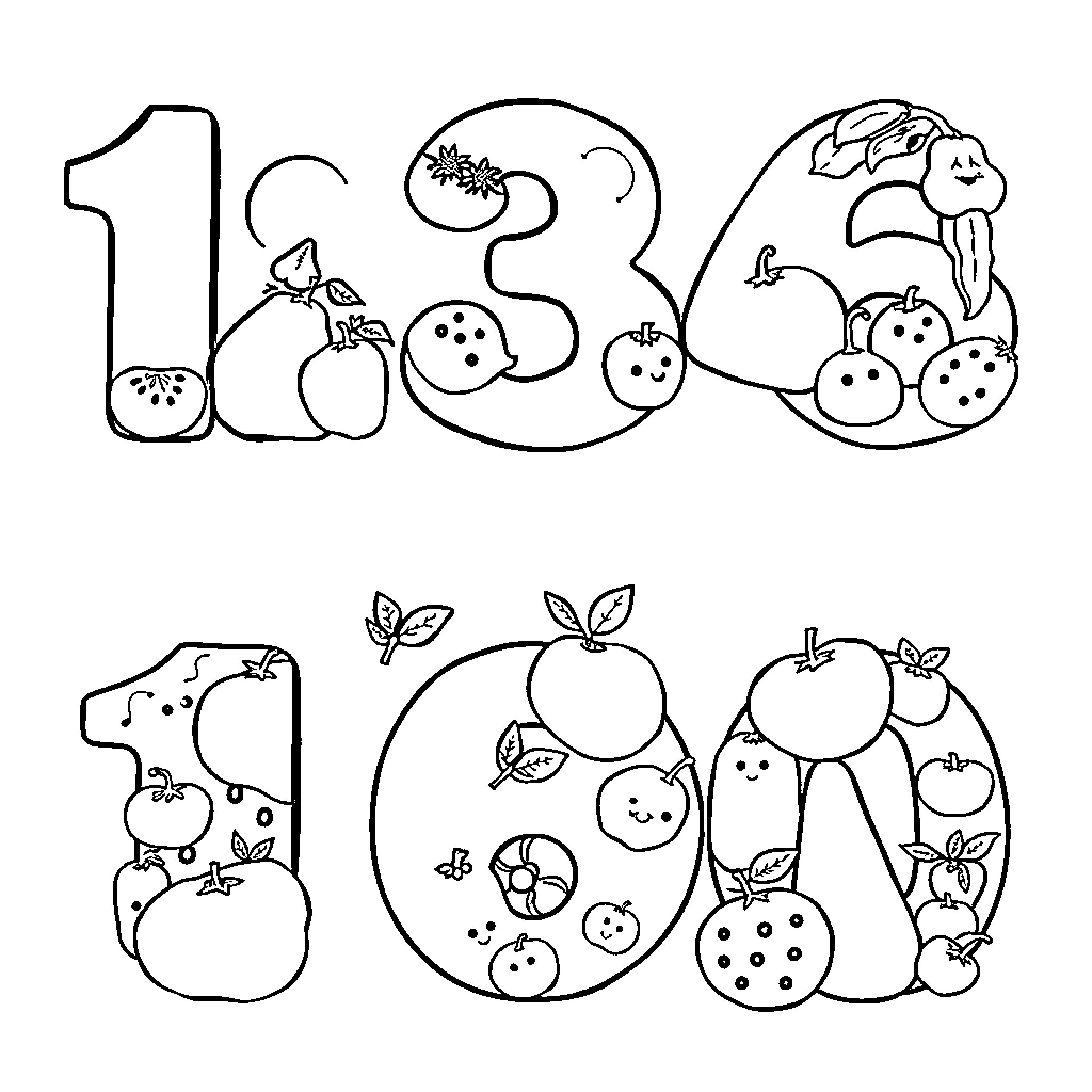 Fruit numbers and shapes in playful composition Coloring Page (free black-and-white line drawing printable PDF for all, from beginners to advanced learners, including children, teens, adults, and seniors)