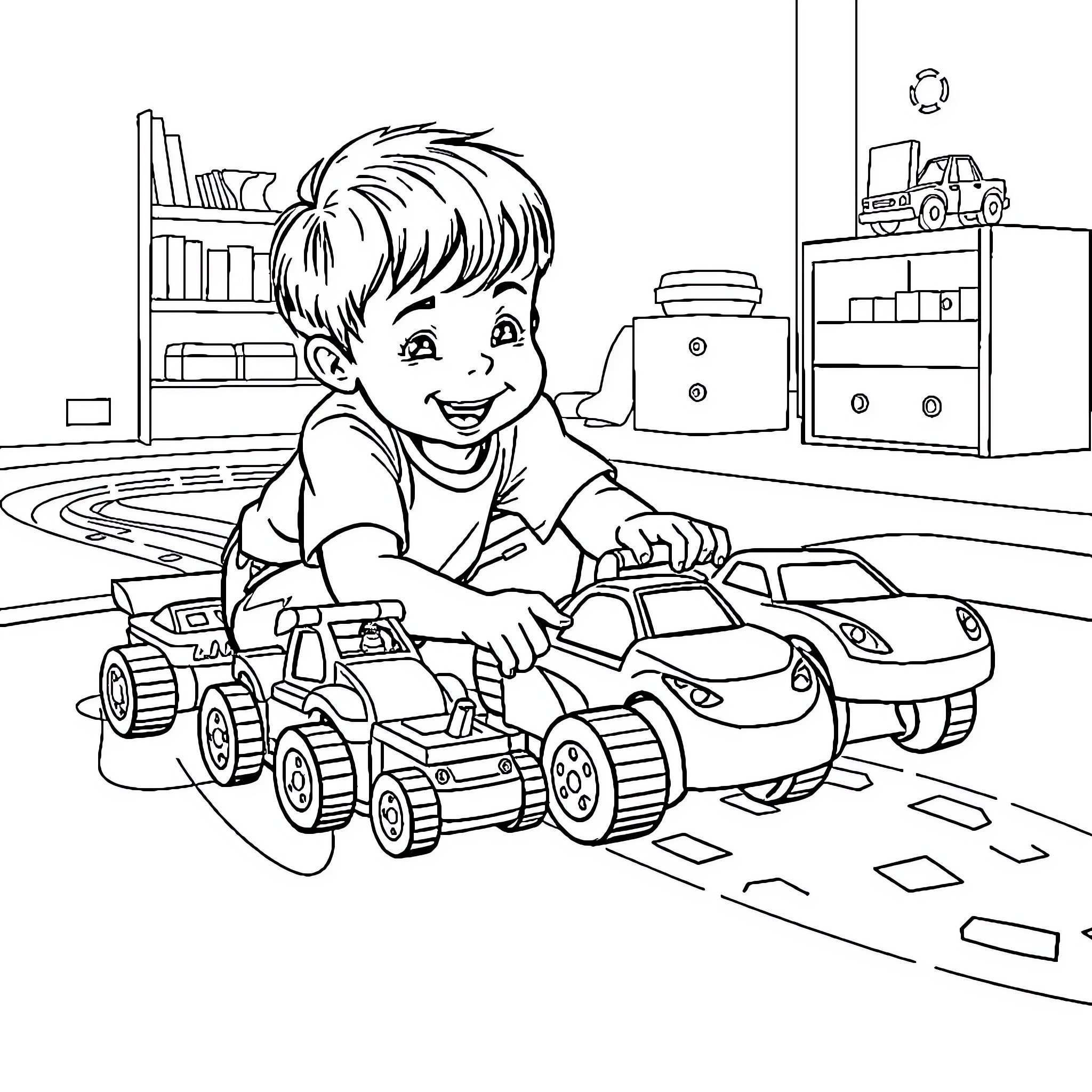 Boy playing joyfully with toy trucks in room Coloring Page (free black-and-white line drawing printable PDF for all, from beginners to advanced learners, including children, teens, adults, and seniors)