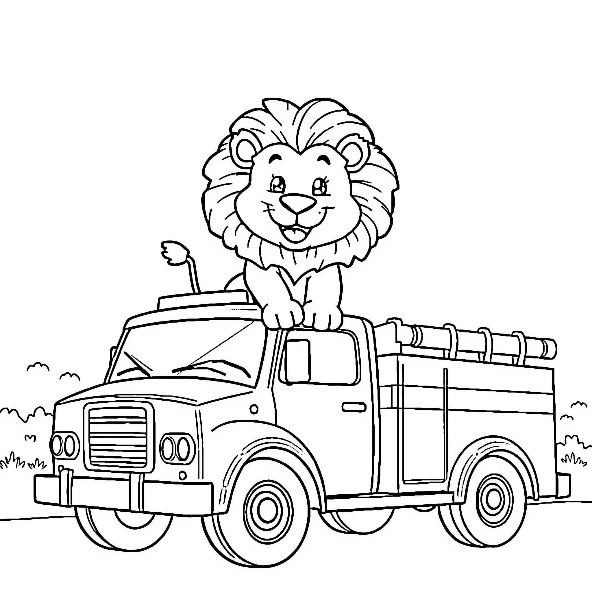 Lion riding a fire truck happily Coloring Page (free black-and-white line drawing printable PDF for all, from beginners to advanced learners, including children, teens, adults, and seniors)