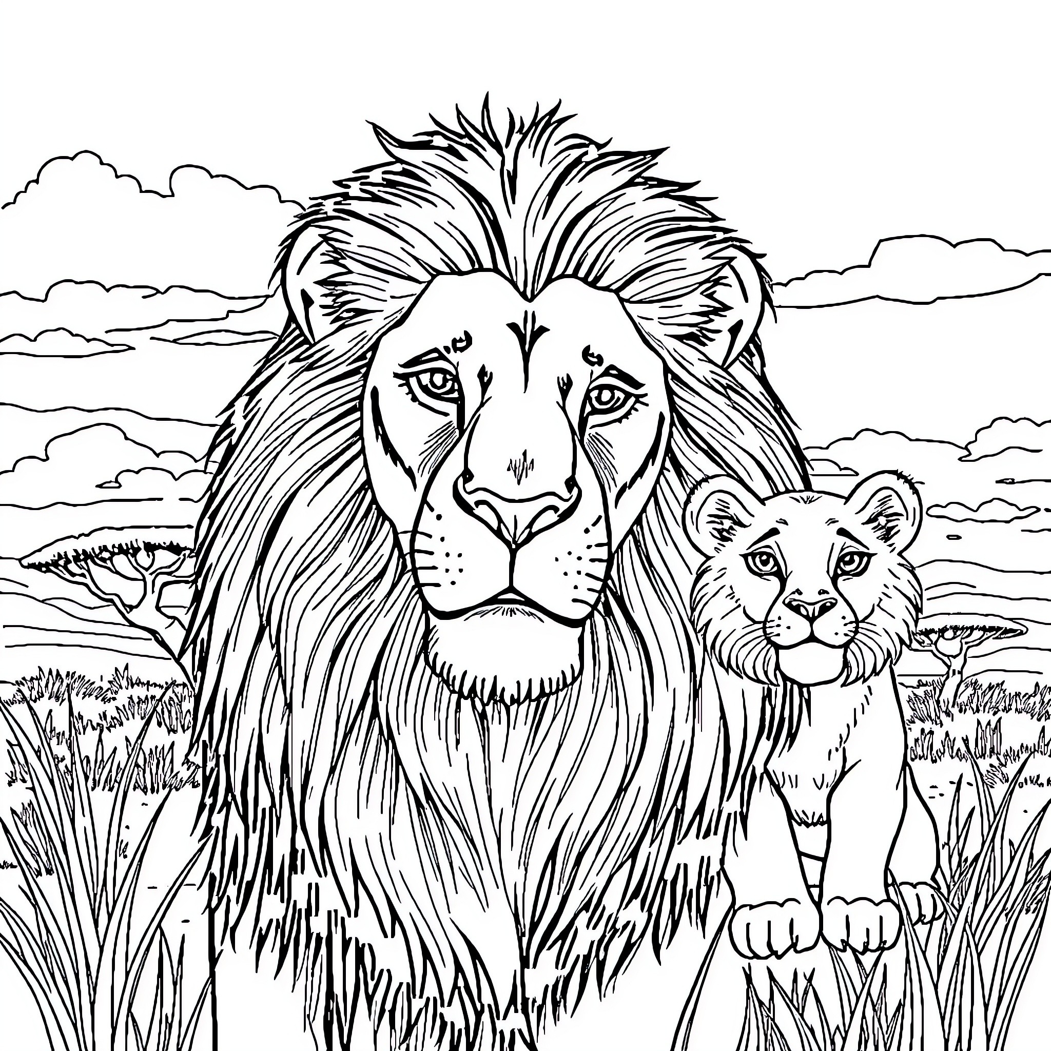 Lion with cub in wild African landscape Coloring Page (free black-and-white line drawing printable PDF for all, from beginners to advanced learners, including children, teens, adults, and seniors)