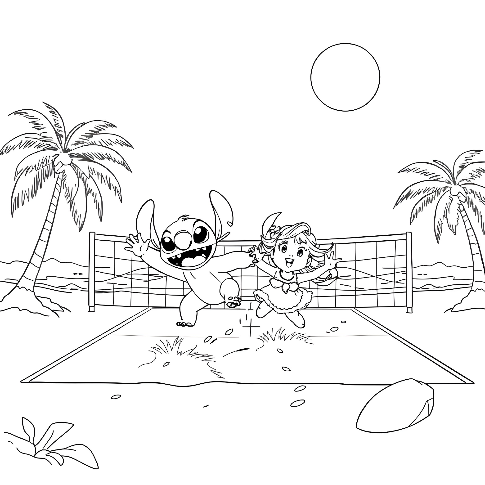 Lilo playing volleyball with Stitch on the beach Coloring Page (free black-and-white line drawing printable PDF for all, from beginners to advanced learners, including children, teens, adults, and seniors)