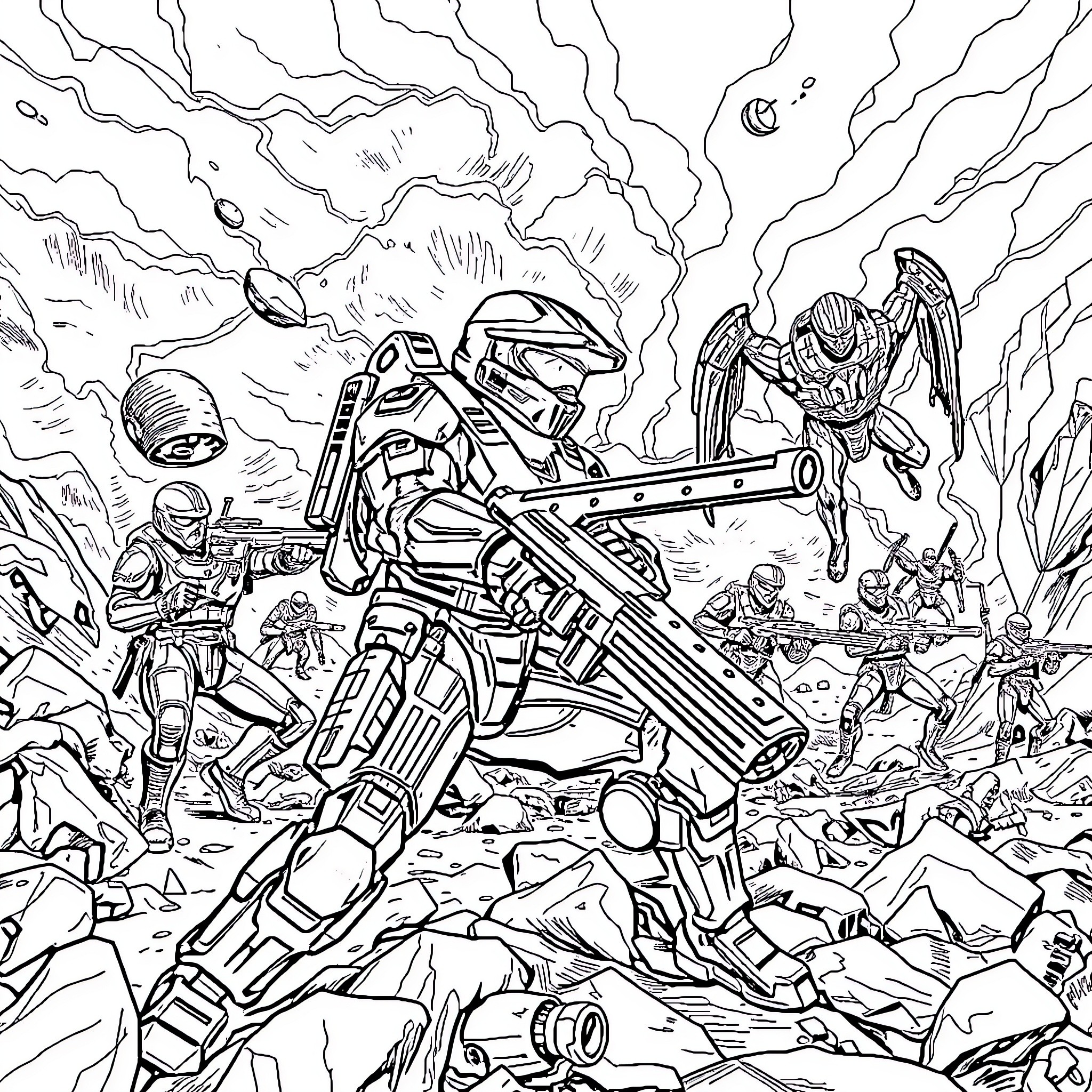 Master Chief leading a futuristic battle Coloring Page (free black-and-white line drawing printable PDF for all, from beginners to advanced learners, including children, teens, adults, and seniors)