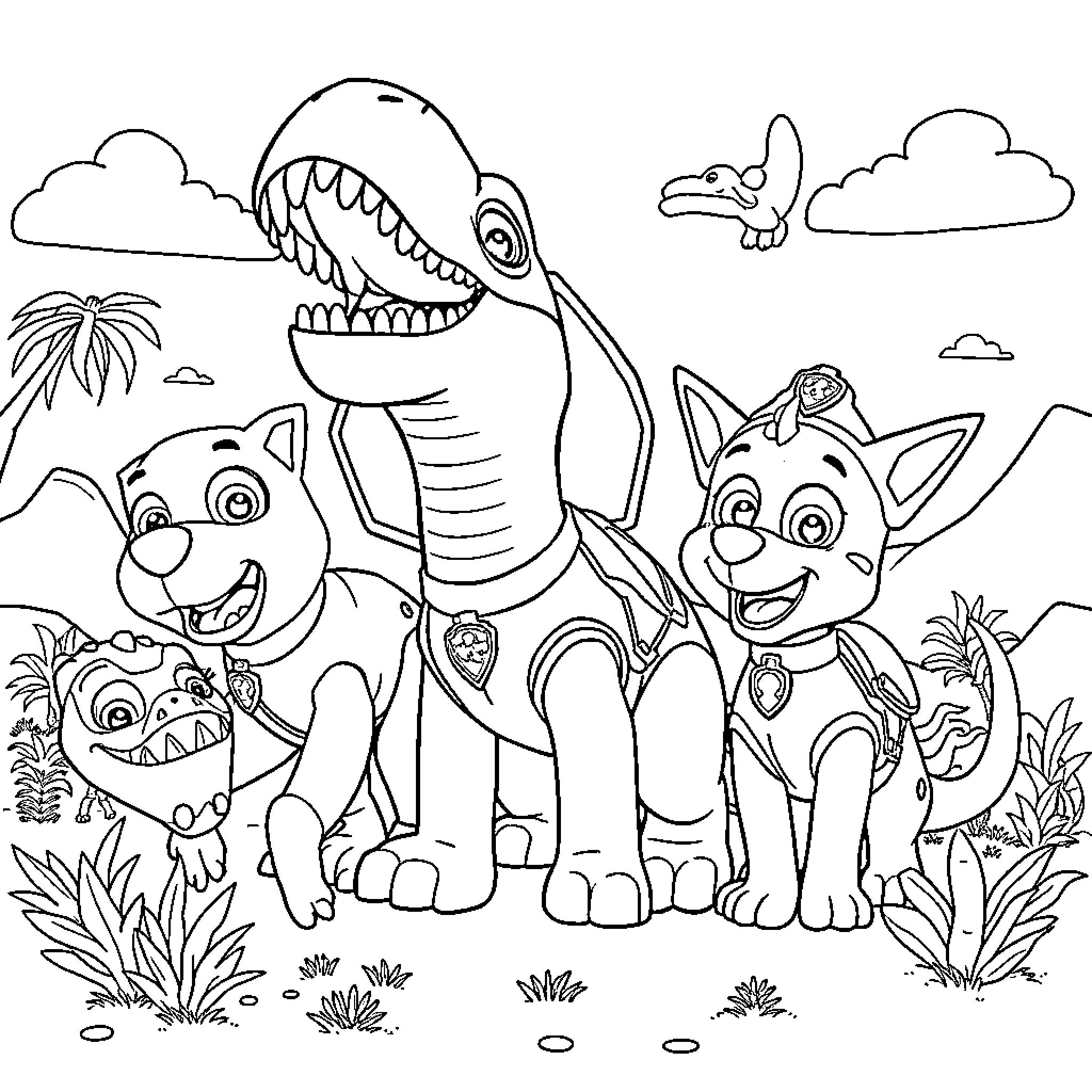 Dinosaur character posing with cheerful puppies Coloring Page (free black-and-white line drawing printable PDF for all, from beginners to advanced learners, including children, teens, adults, and seniors)
