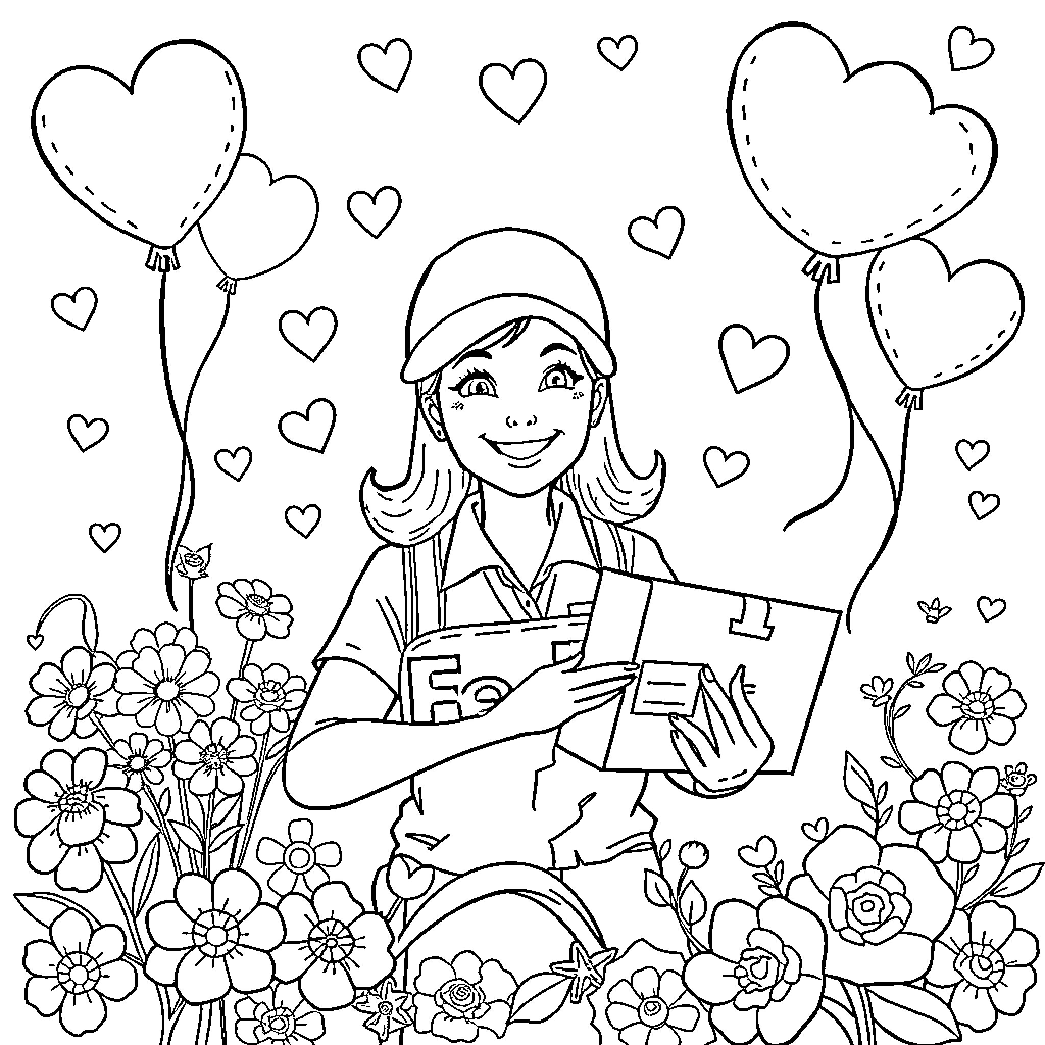 FedEx Driver Delivering Flowers and Balloons with a Smile Coloring Page (free black-and-white line drawing printable PDF for all, from beginners to advanced learners, including children, teens, adults, and seniors)