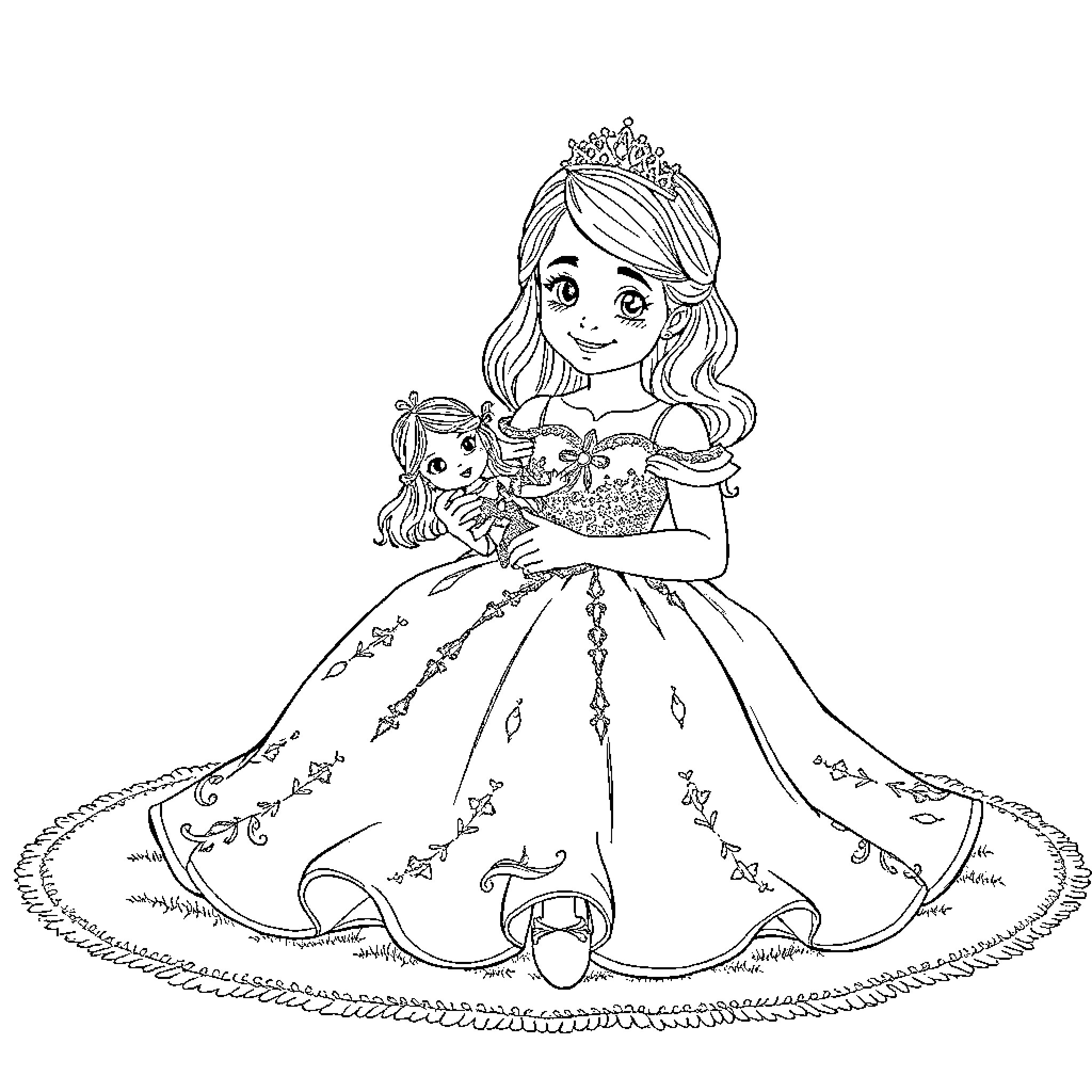 Princess Holding Flowers in Elaborate Gown Coloring Page (free black-and-white line drawing printable PDF for all, from beginners to advanced learners, including children, teens, adults, and seniors)
