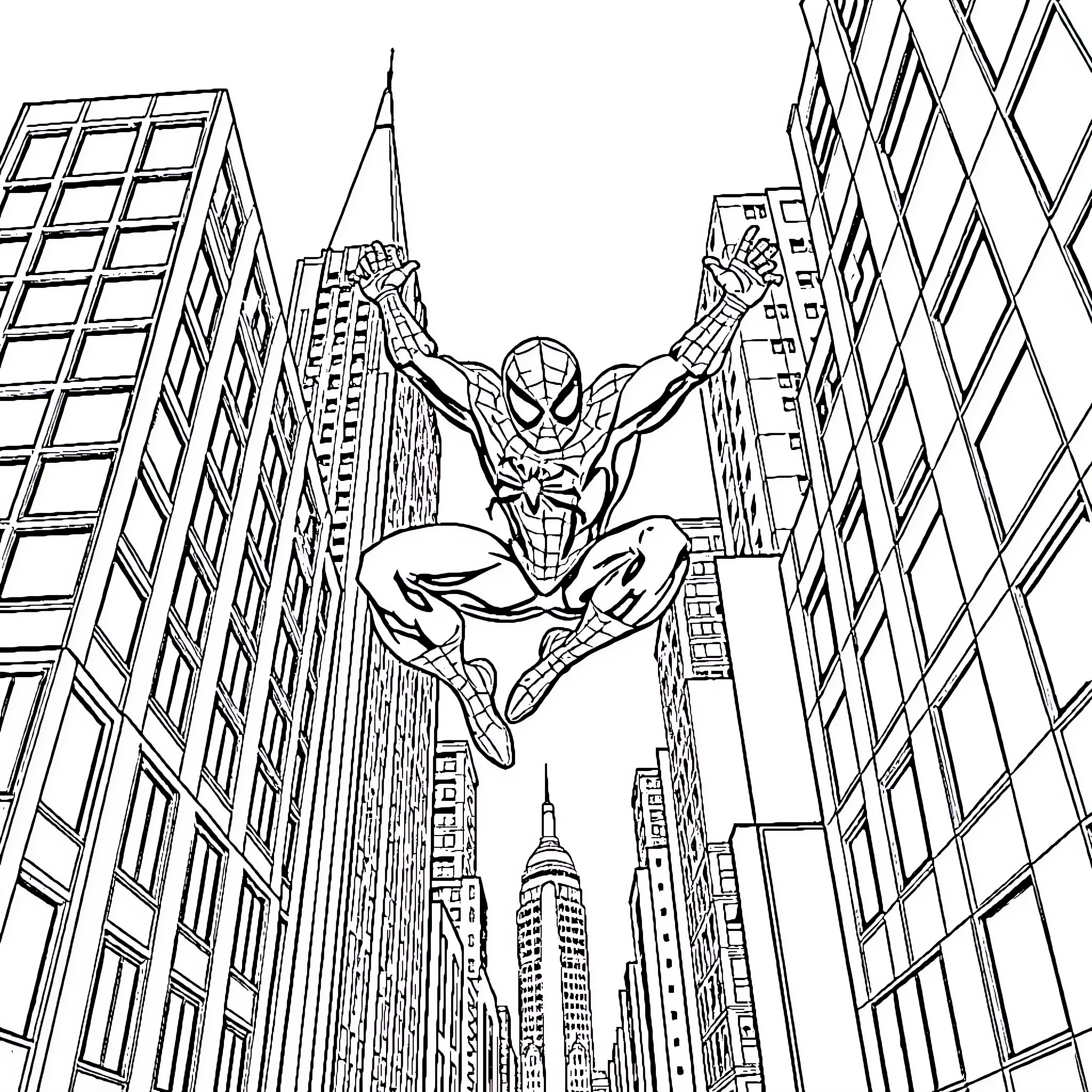 Spiderman swinging through the bustling city skyline Coloring Page (free black-and-white line drawing printable PDF for all, from beginners to advanced learners, including children, teens, adults, and seniors)
