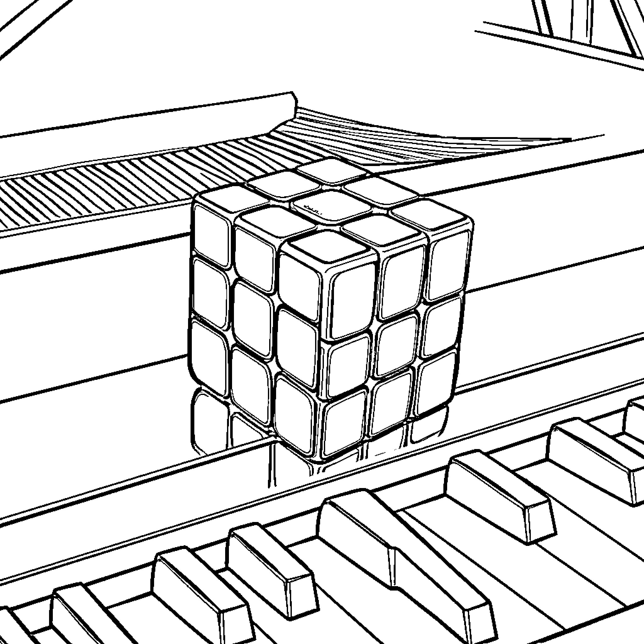 Rubik's Cube amongst geometric shapes Coloring Page (free black-and-white line drawing printable PDF for all, from beginners to advanced learners, including children, teens, adults, and seniors)