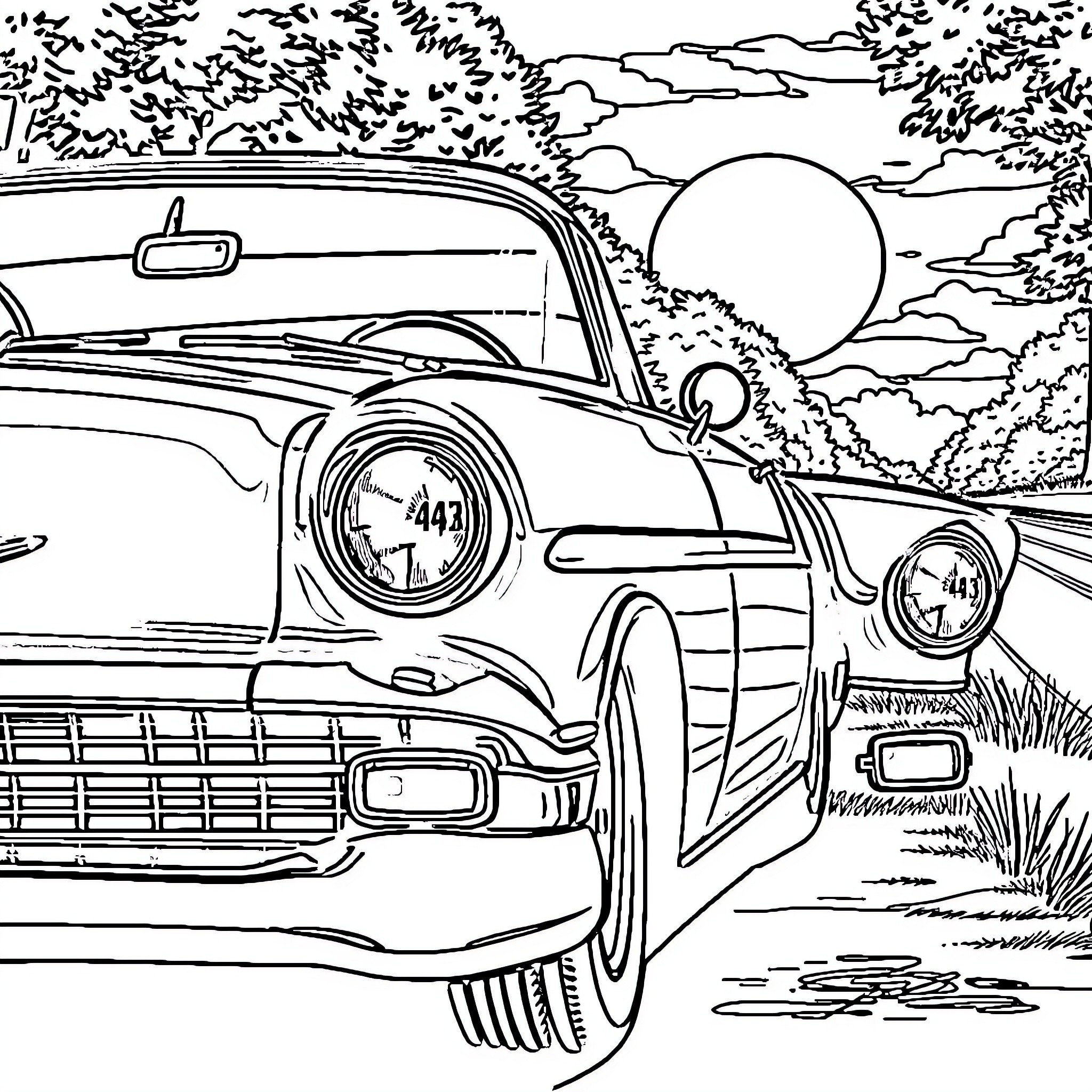 Chevy Classic Car Cruising Through Scenic Countryside Coloring Page (free black-and-white line drawing printable PDF for all, from beginners to advanced learners, including children, teens, adults, and seniors)