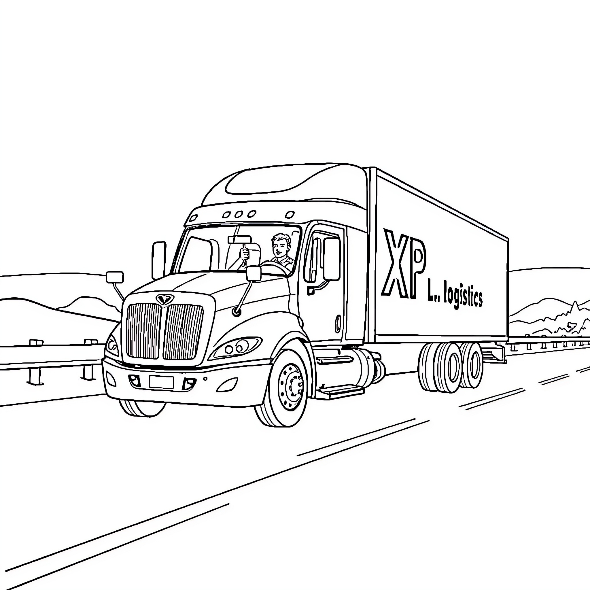 Truck Driver Transporting Cargo on the Highway Coloring Page (free black-and-white line drawing printable PDF for all, from beginners to advanced learners, including children, teens, adults, and seniors)