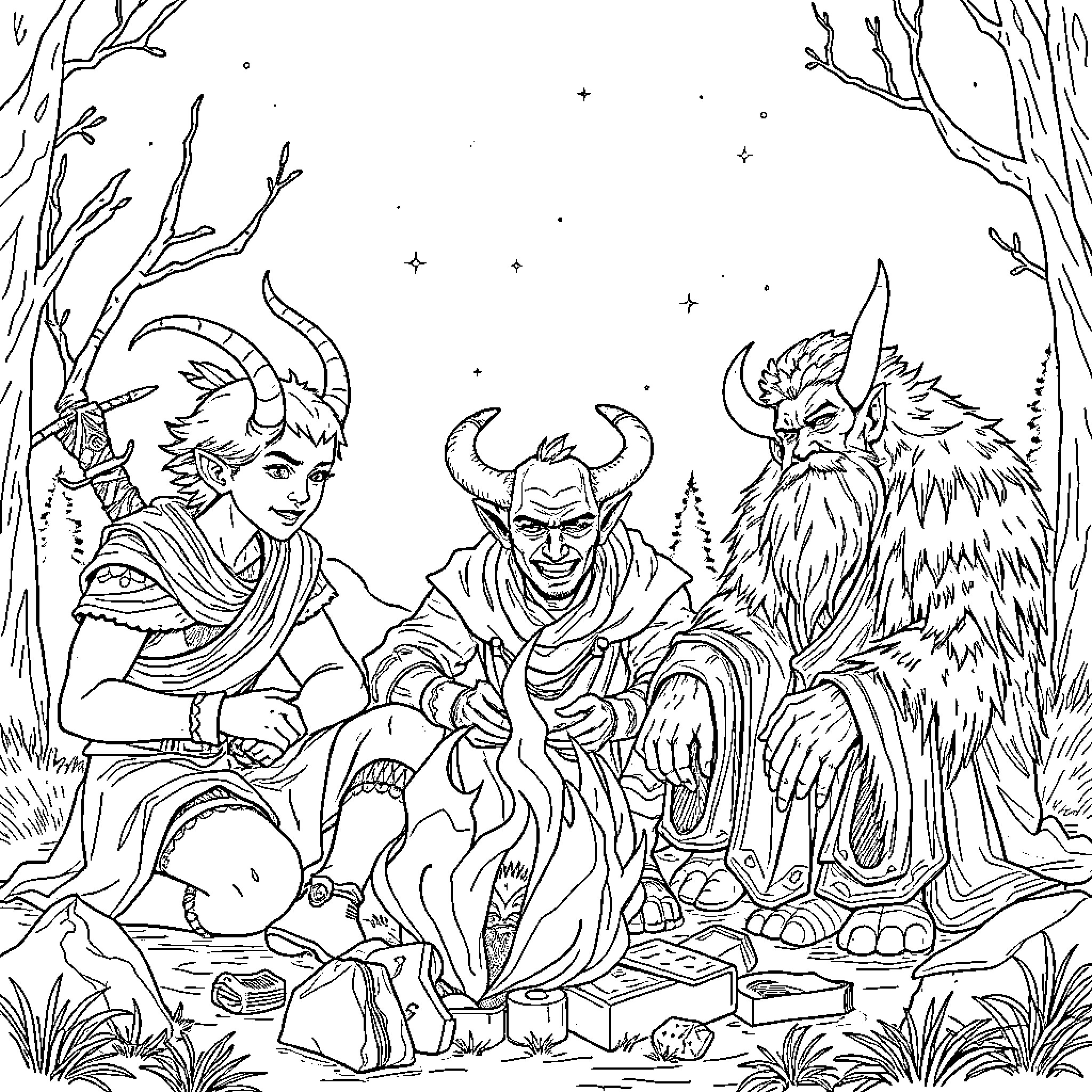 Eladrin figures in a mystical forest scene Coloring Page (free black-and-white line drawing printable PDF for all, from beginners to advanced learners, including children, teens, adults, and seniors)