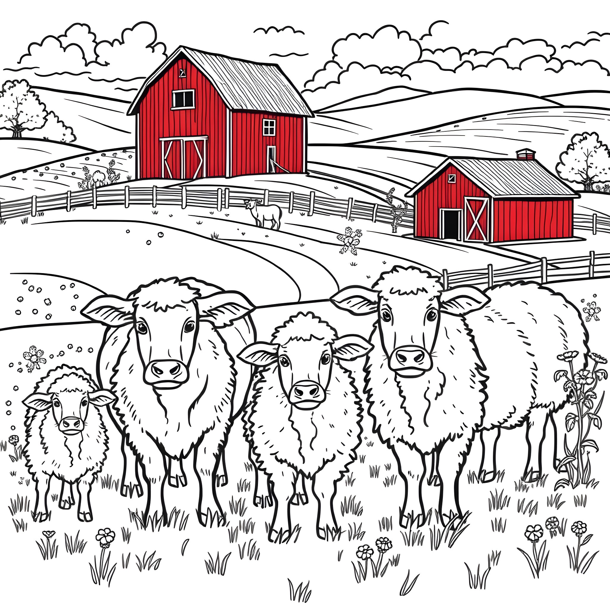 Barnyard Animals Grazing Peacefully in Pastoral Landscape Coloring Page (free black-and-white line drawing printable PDF for all, from beginners to advanced learners, including children, teens, adults, and seniors)