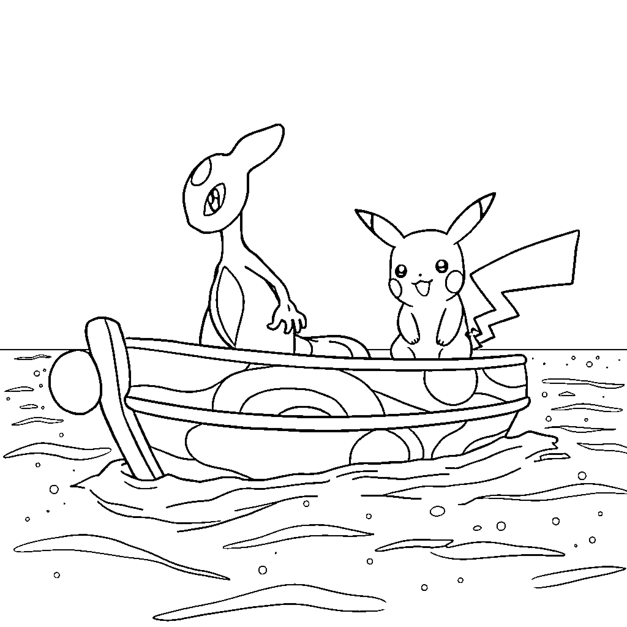 Mewtwo and Pikachu enjoying a boat ride Coloring Page (free black-and-white line drawing printable PDF for all, from beginners to advanced learners, including children, teens, adults, and seniors)