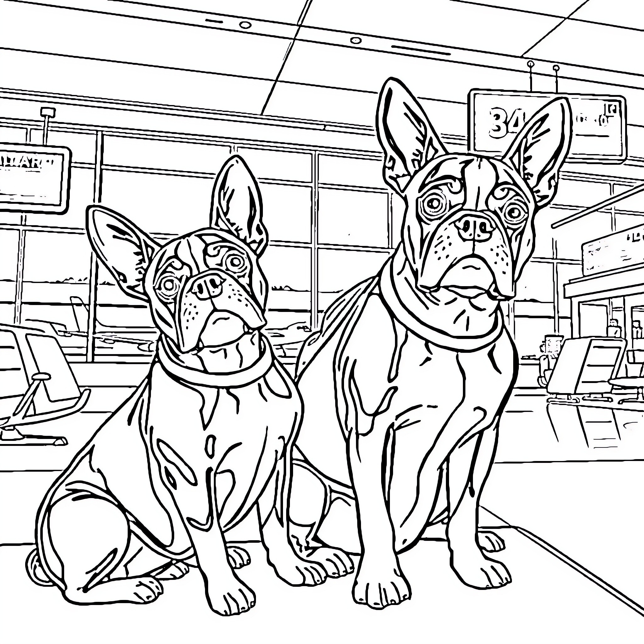 Boston Terriers sitting together in a store Coloring Page (free black-and-white line drawing printable PDF for all, from beginners to advanced learners, including children, teens, adults, and seniors)