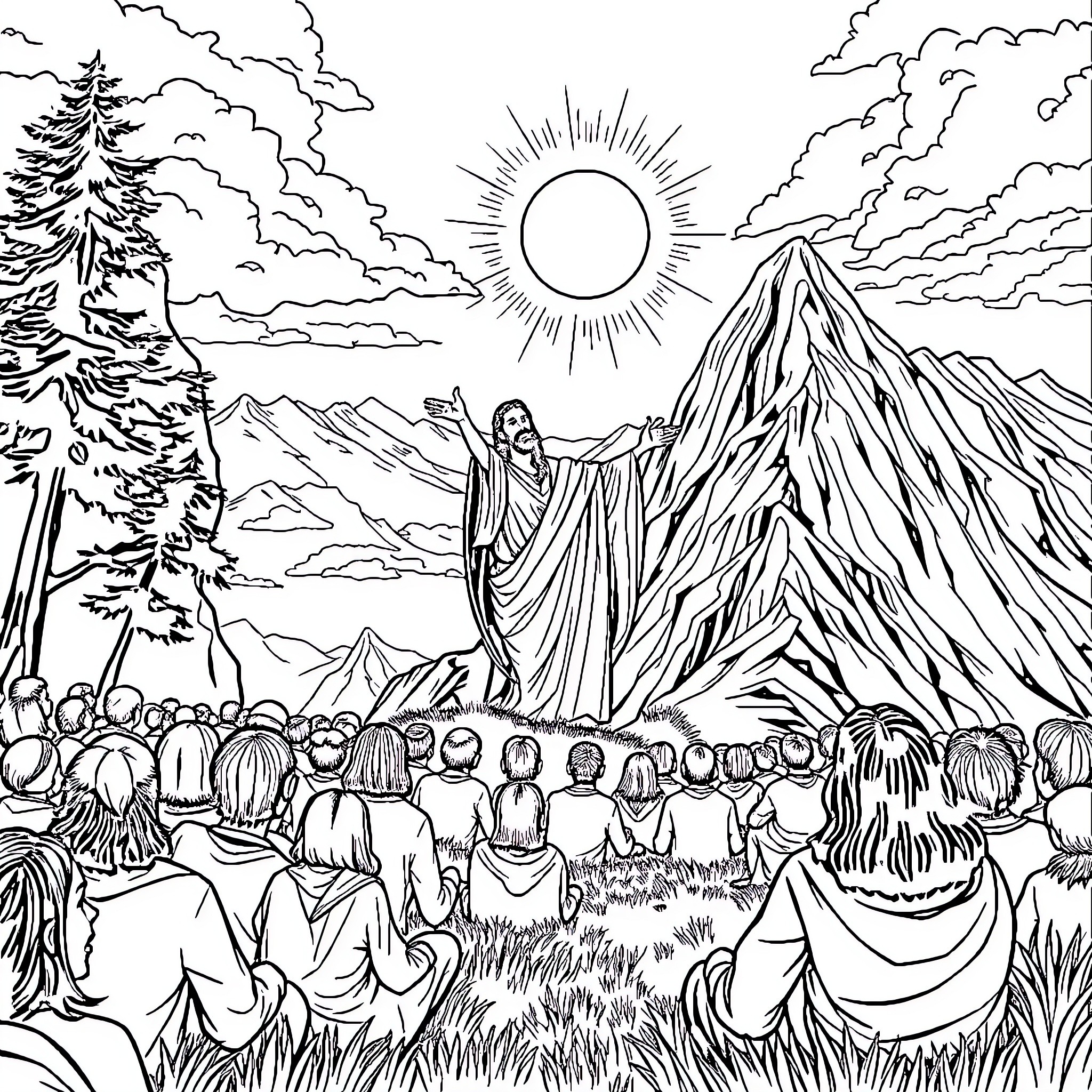 Jesus teaching a crowd in the wilderness Coloring Page (free black-and-white line drawing printable PDF for all, from beginners to advanced learners, including children, teens, adults, and seniors)