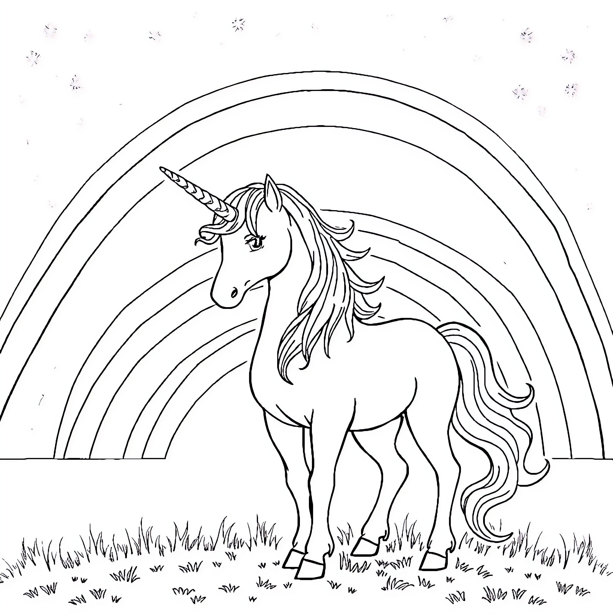 Unicorn standing majestically in a field Coloring Page (free black-and-white line drawing printable PDF for all, from beginners to advanced learners, including children, teens, adults, and seniors)