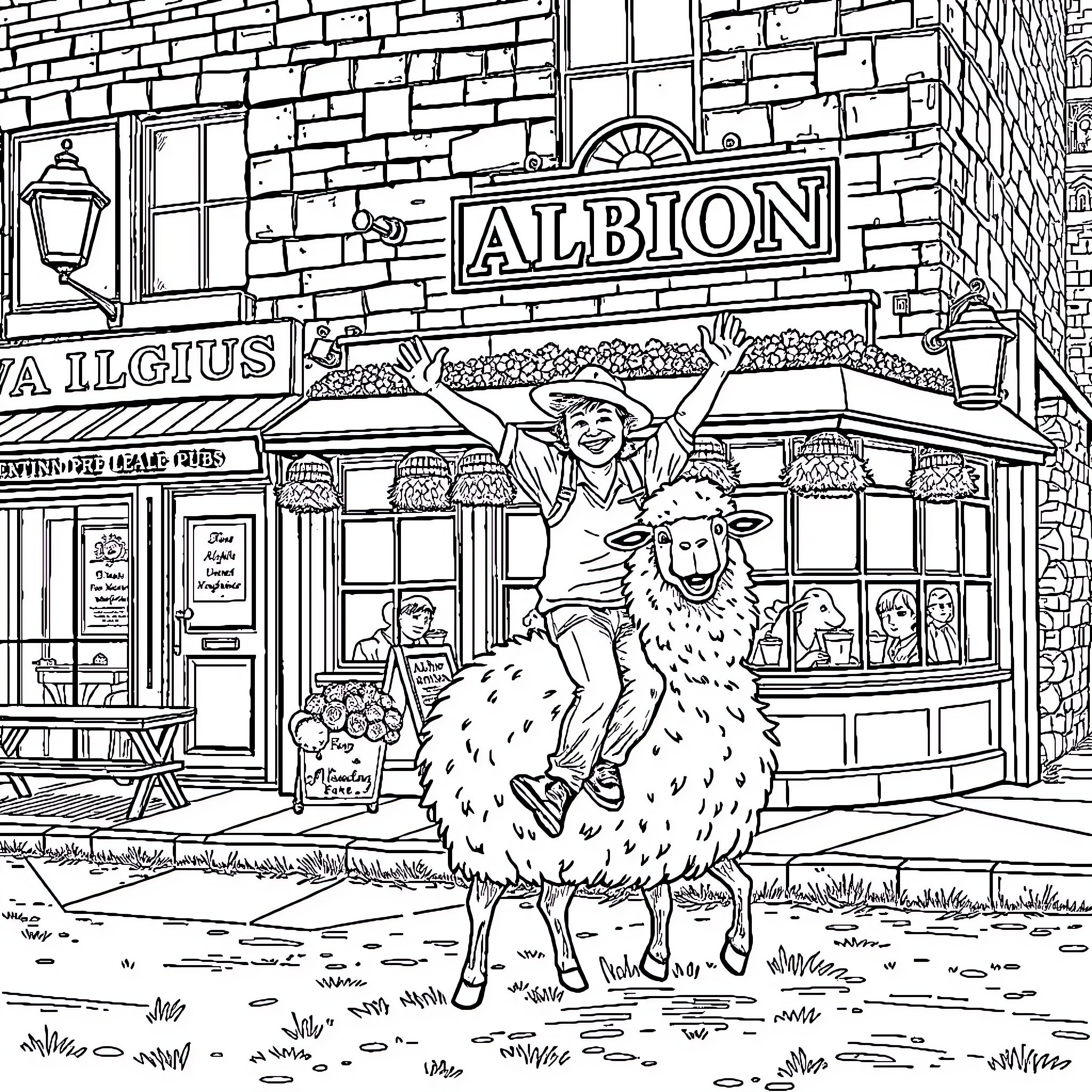 Man riding a sheep in front of Albion shop Coloring Page (free black-and-white line drawing printable PDF for all, from beginners to advanced learners, including children, teens, adults, and seniors)