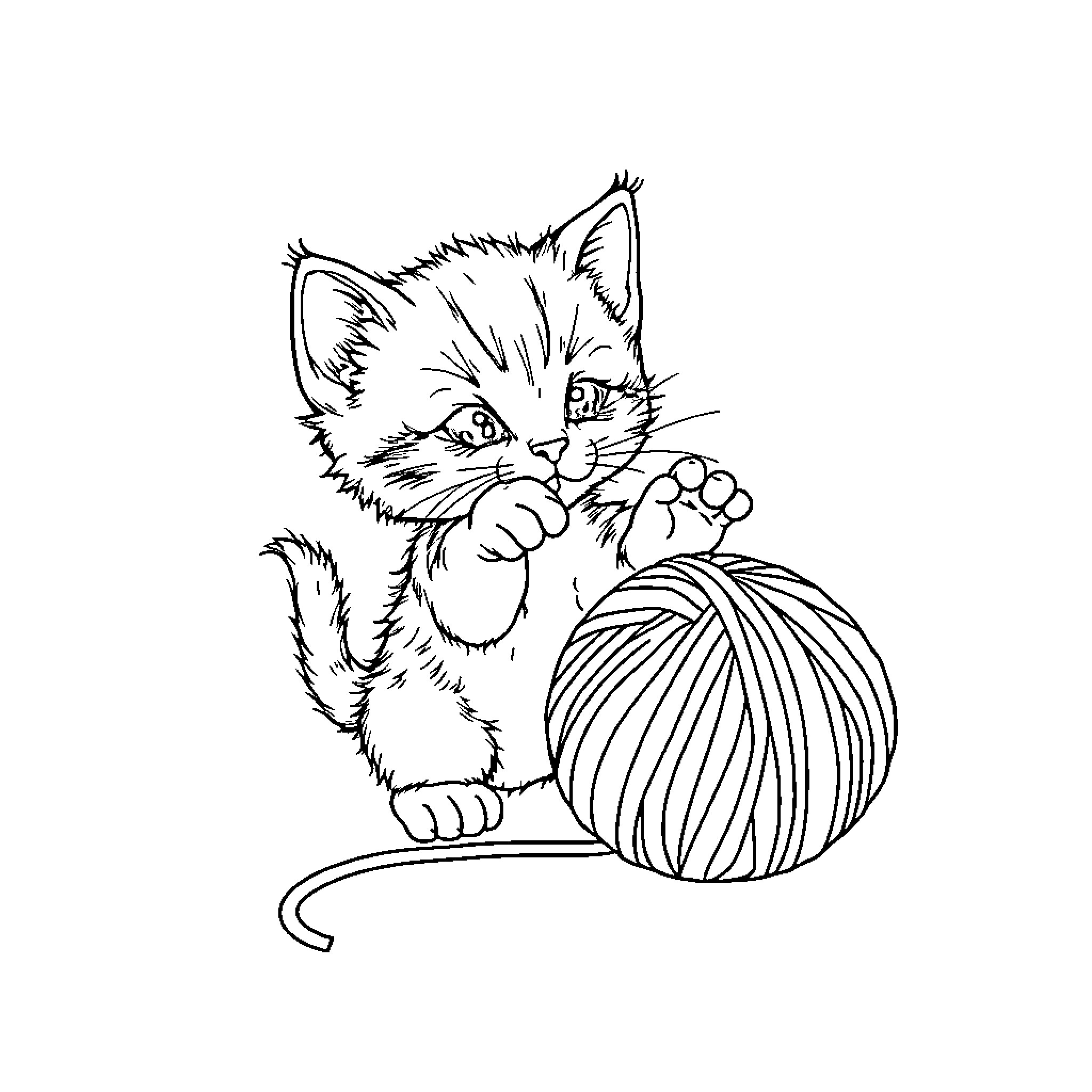 Kitten playing with yarn ball Coloring Page (free black-and-white line drawing printable PDF for all, from beginners to advanced learners, including children, teens, adults, and seniors)