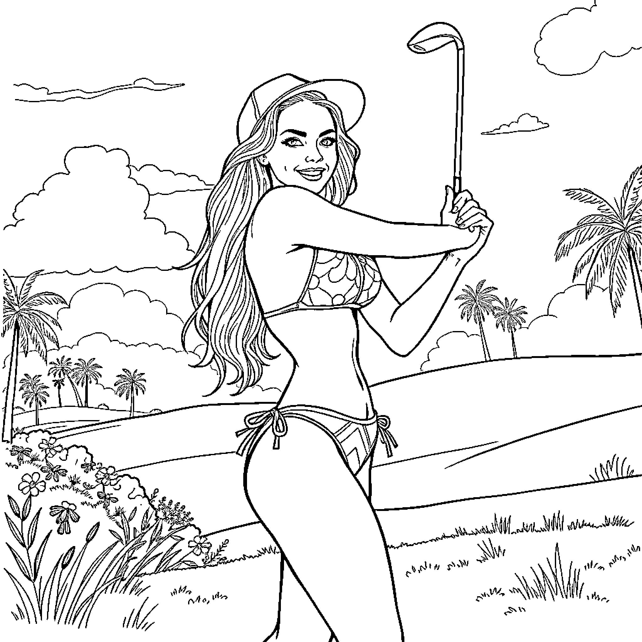 Sydney Sweeney enjoys a sunny day on the beach Coloring Page (free black-and-white line drawing printable PDF for all, from beginners to advanced learners, including children, teens, adults, and seniors)