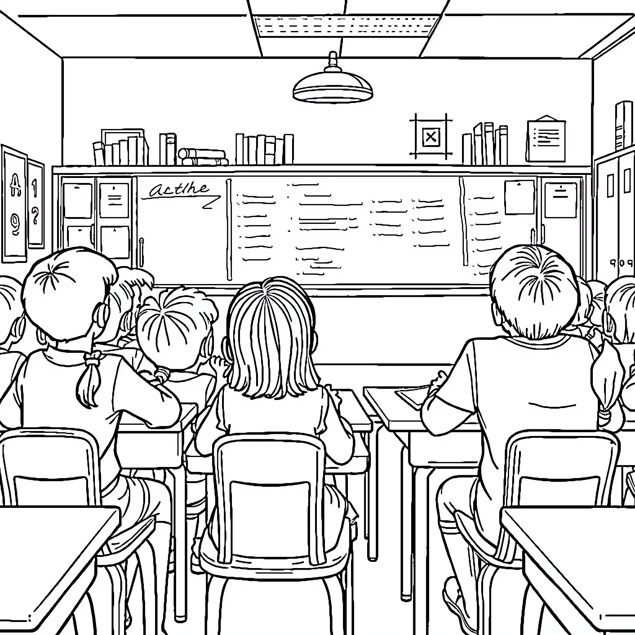 Child students in classroom learning together Coloring Page (free black-and-white line drawing printable PDF for all, from beginners to advanced learners, including children, teens, adults, and seniors)