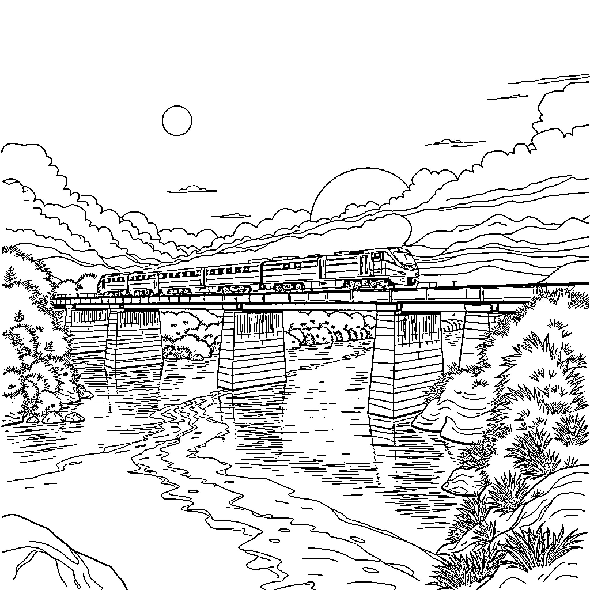 Train crossing scenic bridge over river at sunset Coloring Page (free black-and-white line drawing printable PDF for all, from beginners to advanced learners, including children, teens, adults, and seniors)