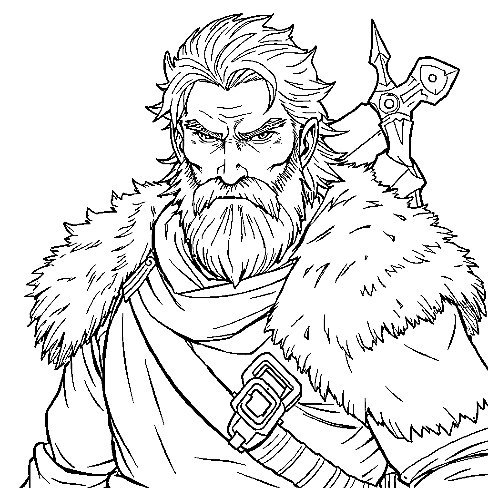 Gerald, the Fierce Barbarian Wielding a Fearsome Weapon Coloring Page (free black-and-white line drawing printable PDF for all, from beginners to advanced learners, including children, teens, adults, and seniors)