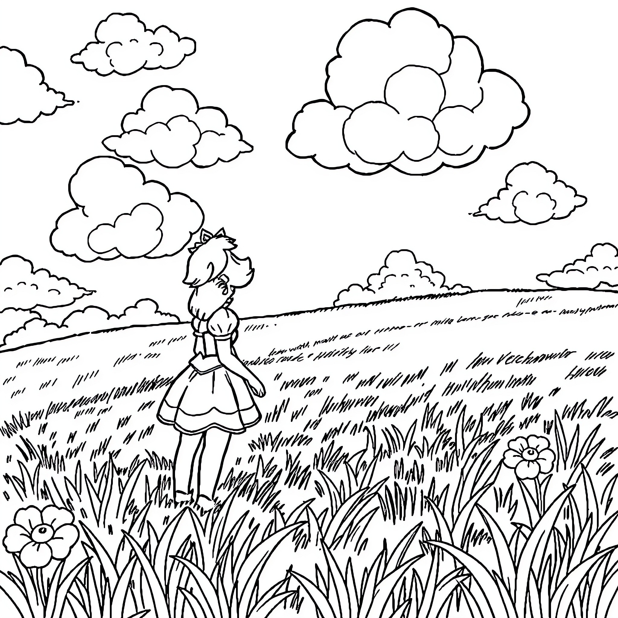 Princess enjoying nature's beauty in the meadow Coloring Page (free black-and-white line drawing printable PDF for all, from beginners to advanced learners, including children, teens, adults, and seniors)