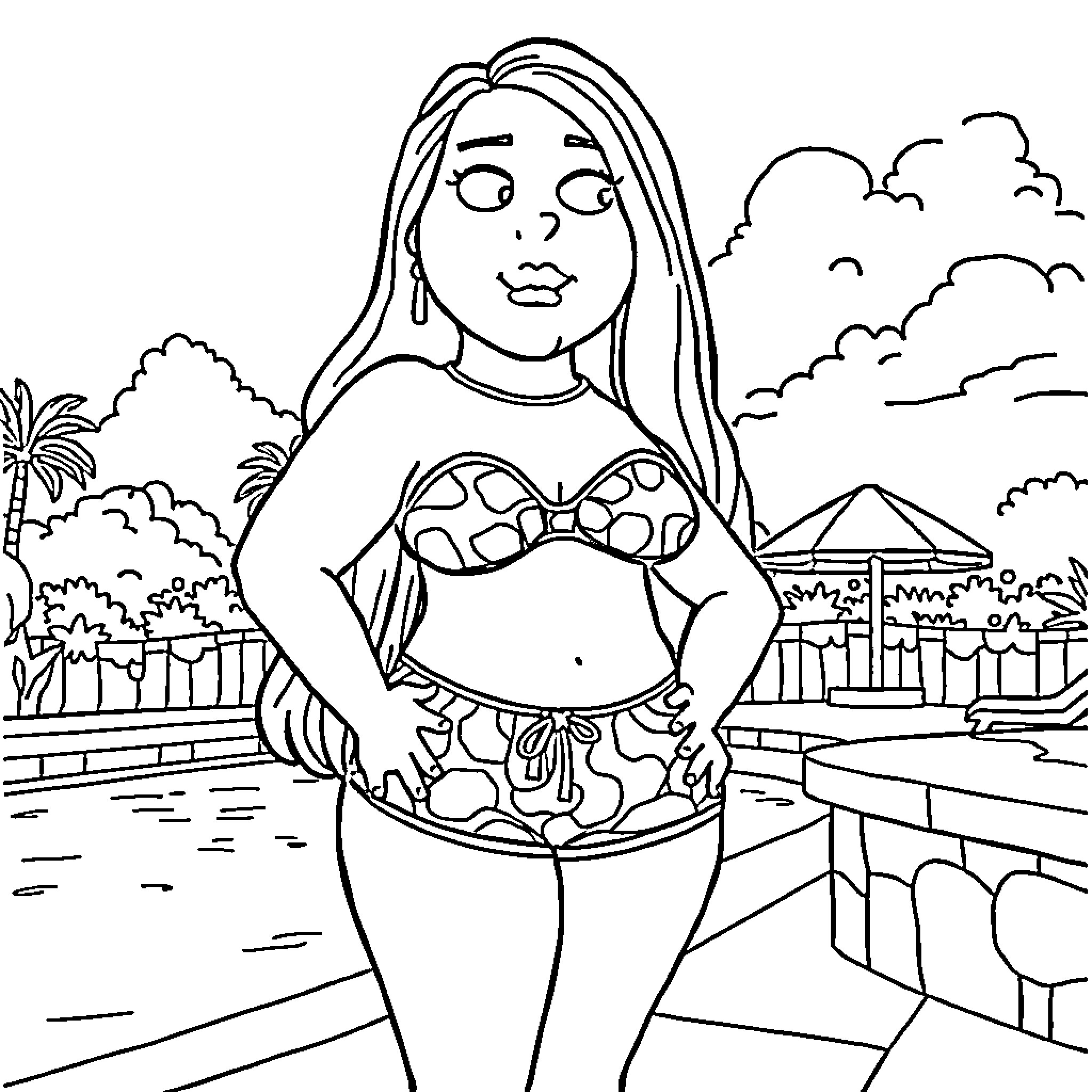 Meg relaxing at the beach in her swimwear Coloring Page (free black-and-white line drawing printable PDF for all, from beginners to advanced learners, including children, teens, adults, and seniors)