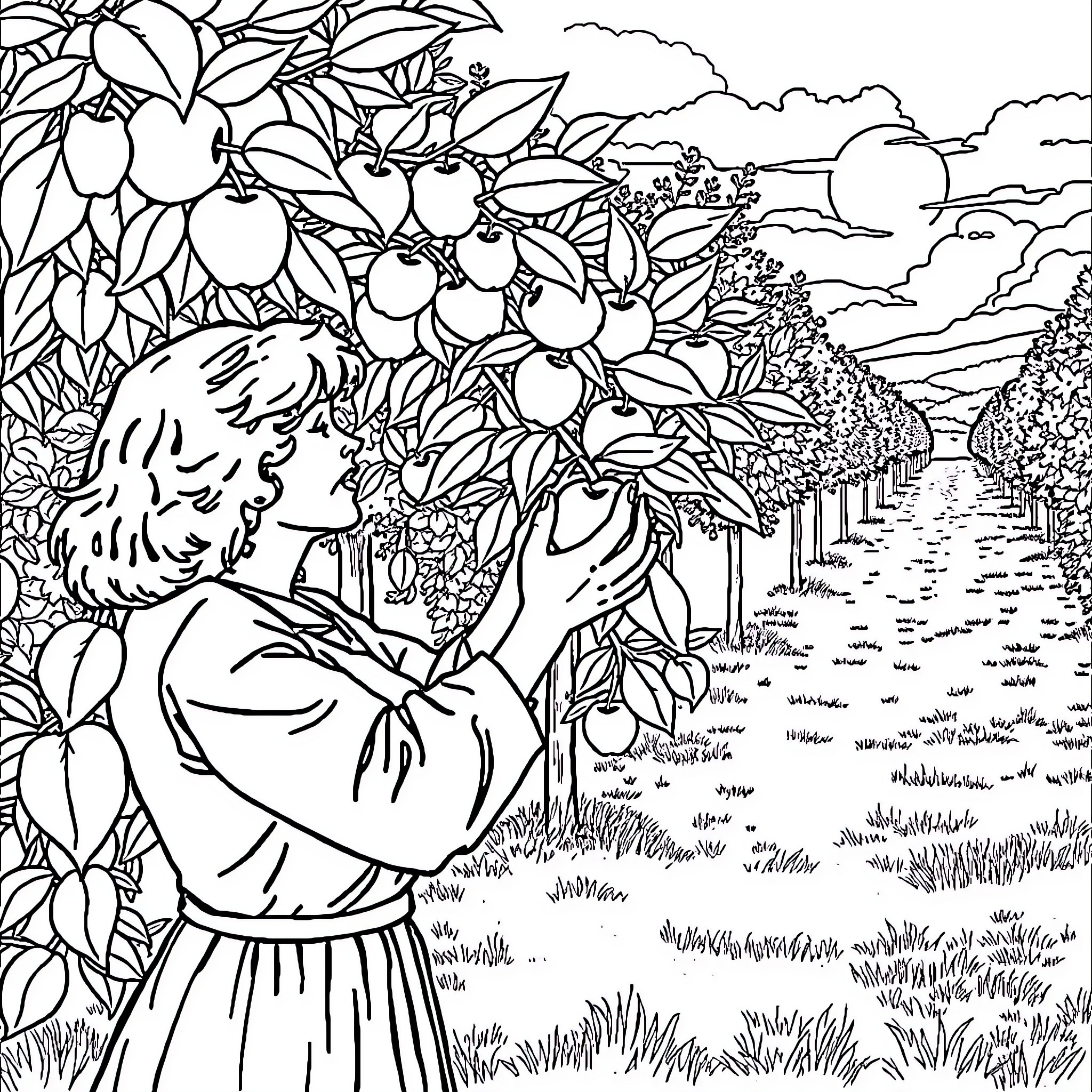 Mother Nature's Bountiful Harvest in the Orchard Coloring Page (free black-and-white line drawing printable PDF for all, from beginners to advanced learners, including children, teens, adults, and seniors)