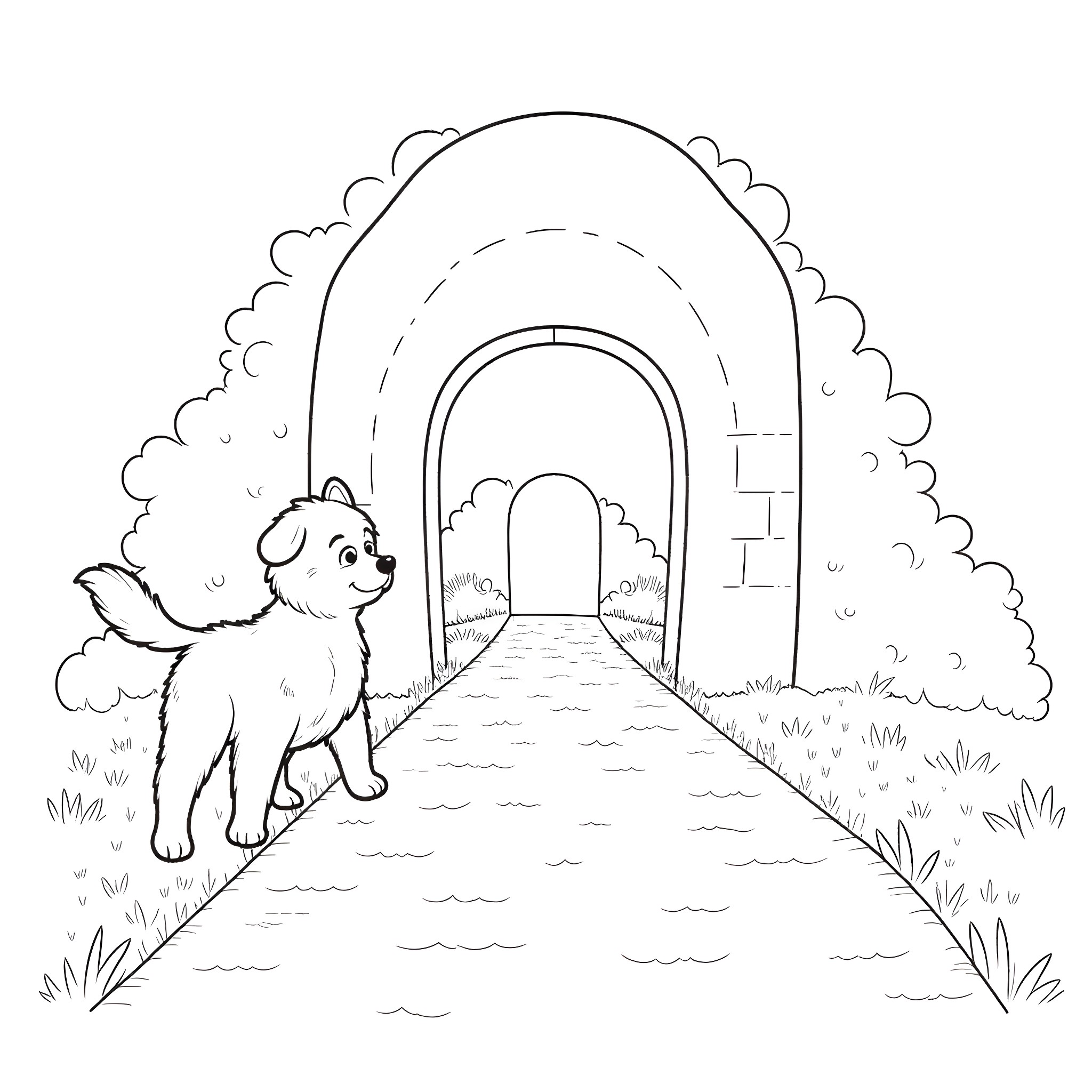 Puppy exploring a whimsical garden path Coloring Page (free black-and-white line drawing printable PDF for all, from beginners to advanced learners, including children, teens, adults, and seniors)